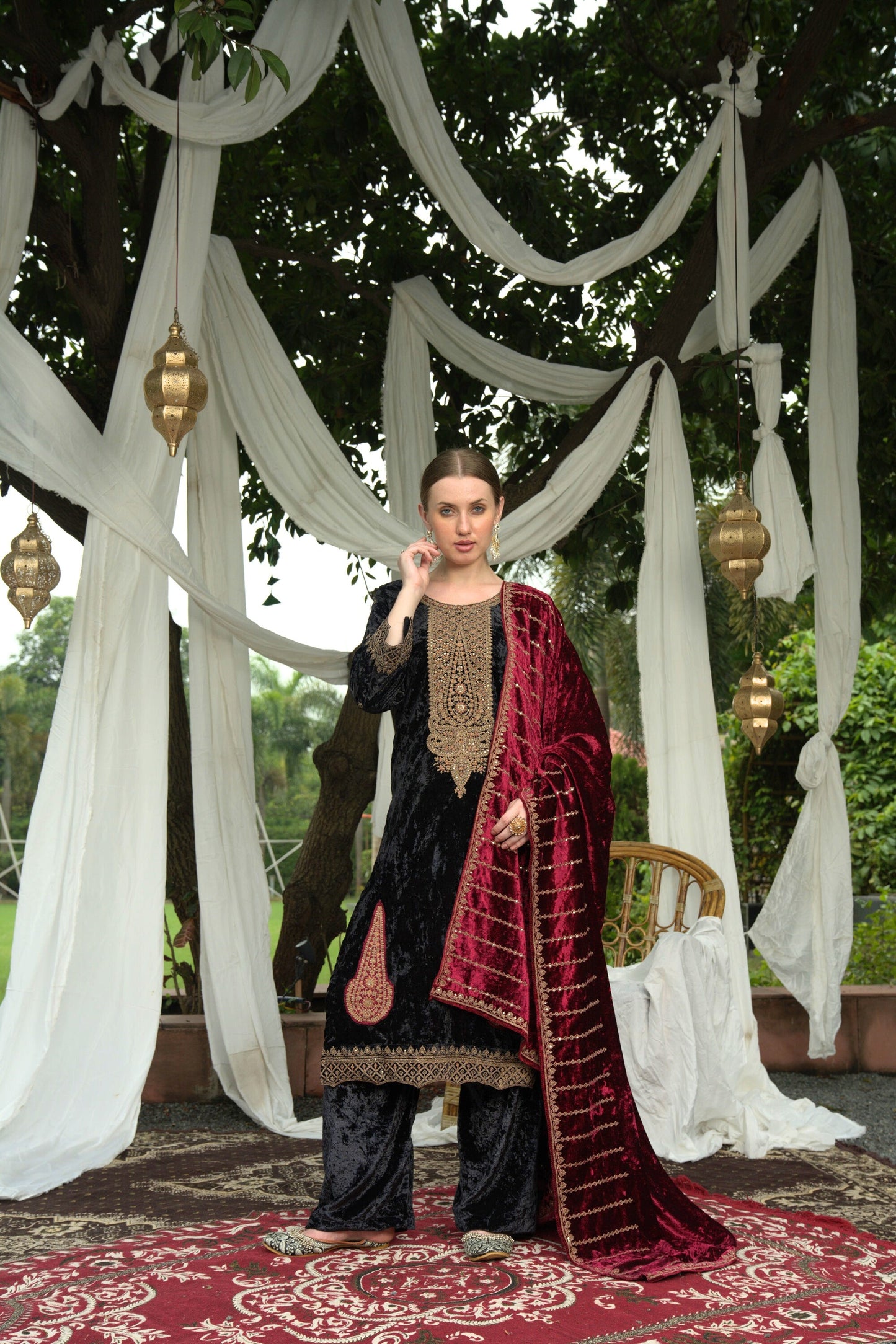 Black Red Designer Velvet Pakistani Suit Set