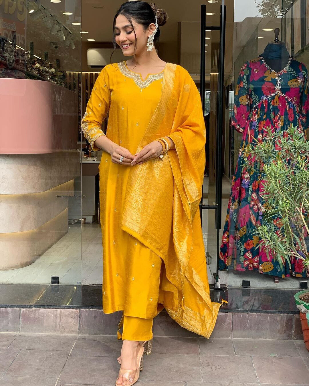 Mustard Embroidered Silk Suit Set with Dupatta