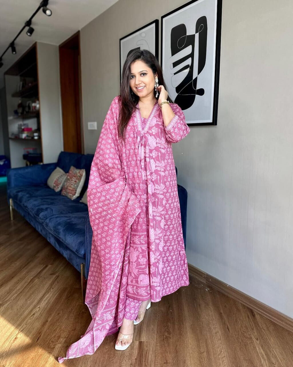 Pink Floral Printed Cotton Kurta and Pant Set with Dupatta