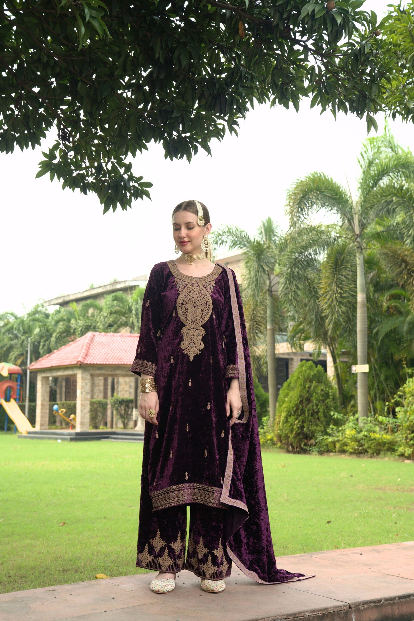 Grape Purple Designer Velvet Pakistani Suit Set