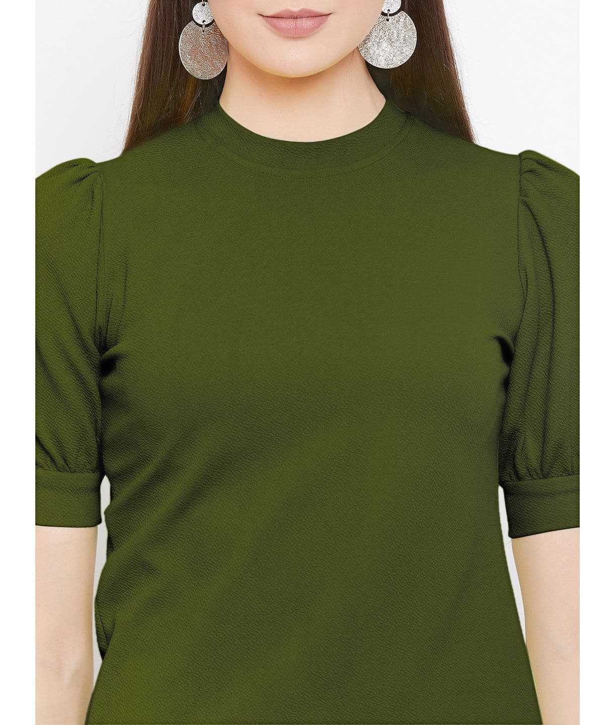 Cotton Solid Stretchable High Neck Puff Sleeve Top