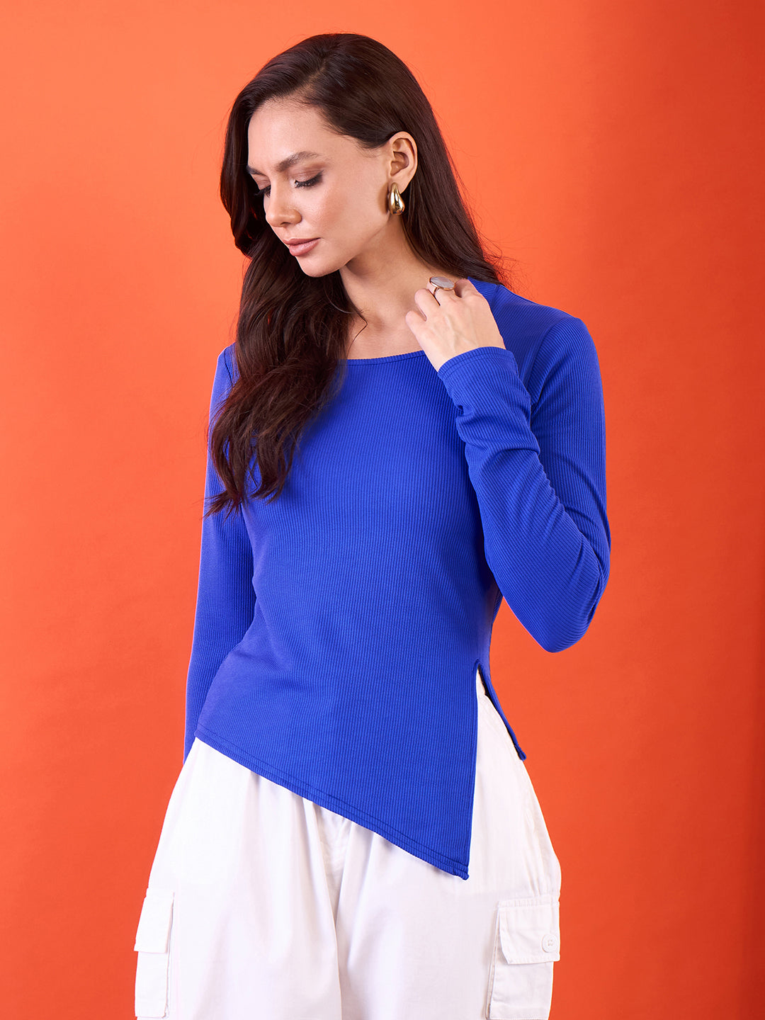 Side Split Full Sleeve Ribbed Top