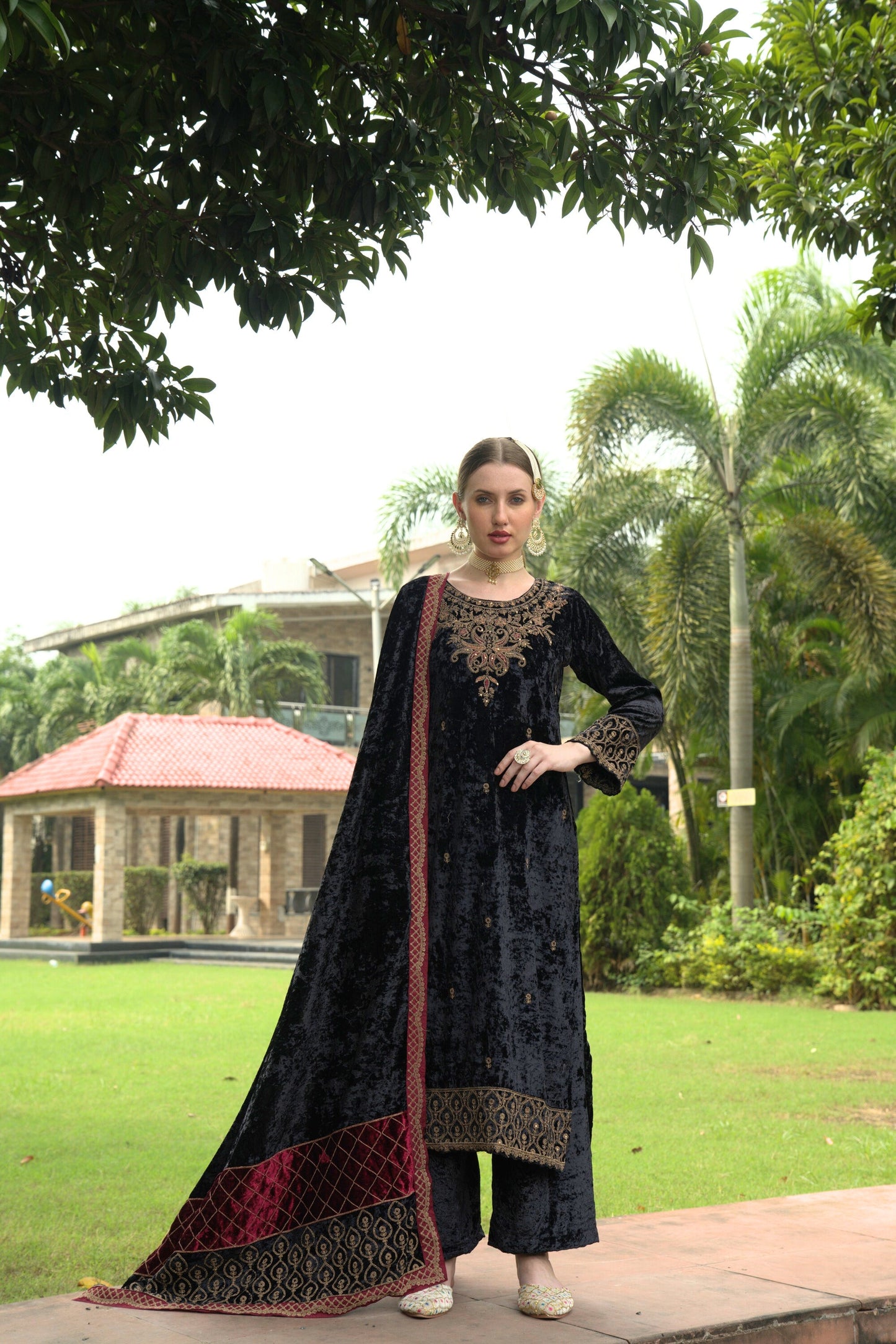 Black Designer Velvet Pakistani Suit Set