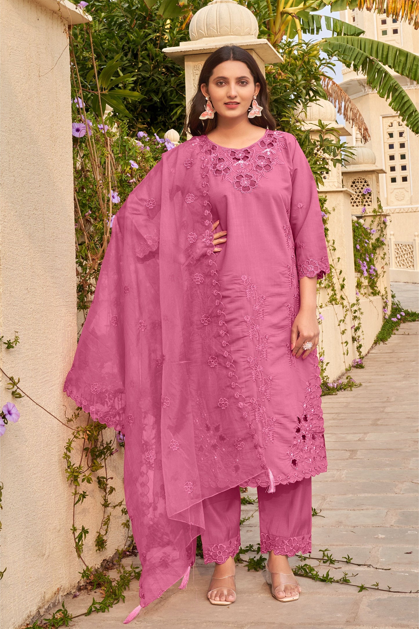 Thulian Pink Khatli Cut Work Ragga Roman Silk Suit Set with Organza Dupatta