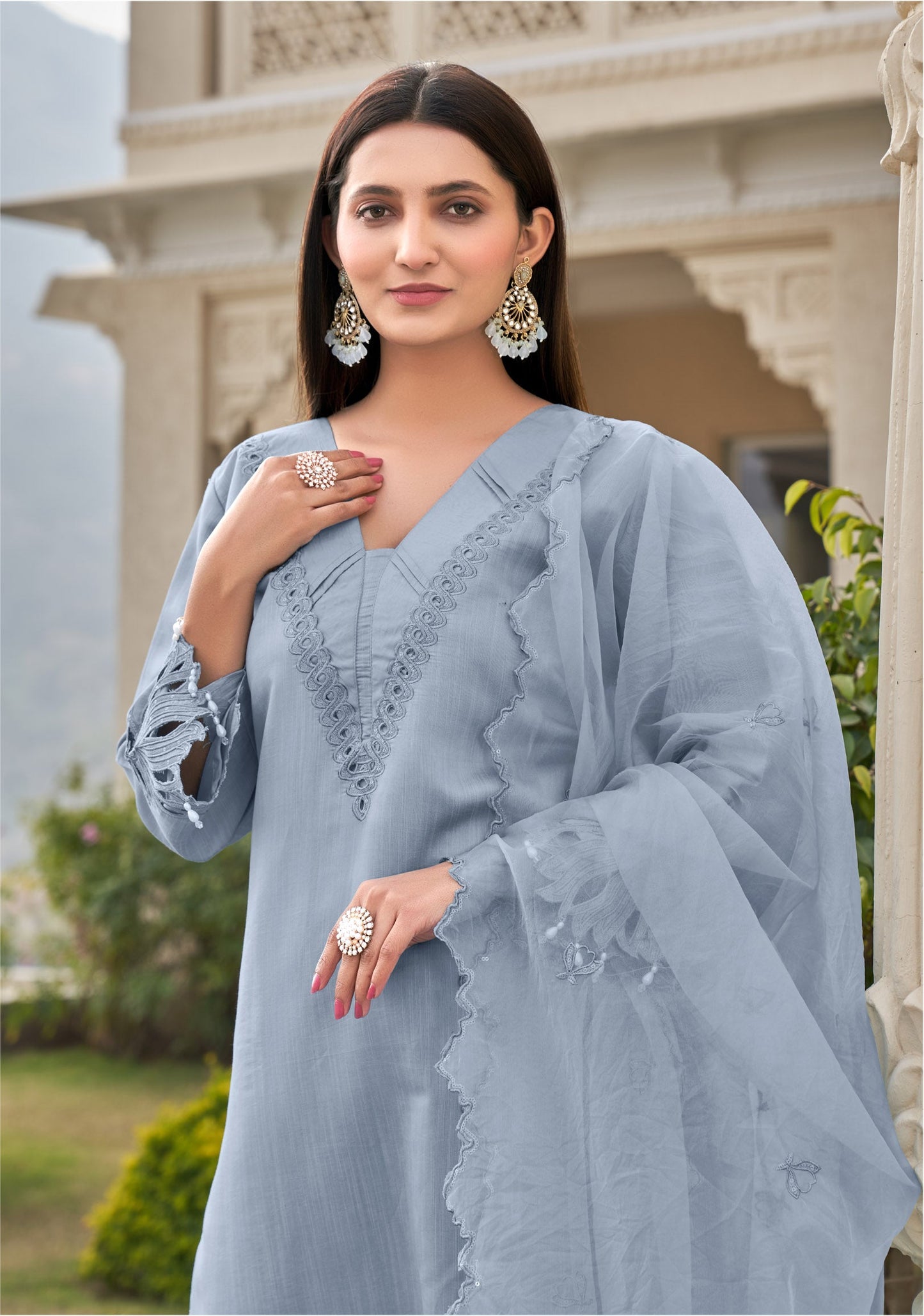 Light Grey Blue Khatli Cut Work Ragga Roman Silk Slub Suit Set with Organza Dupatta