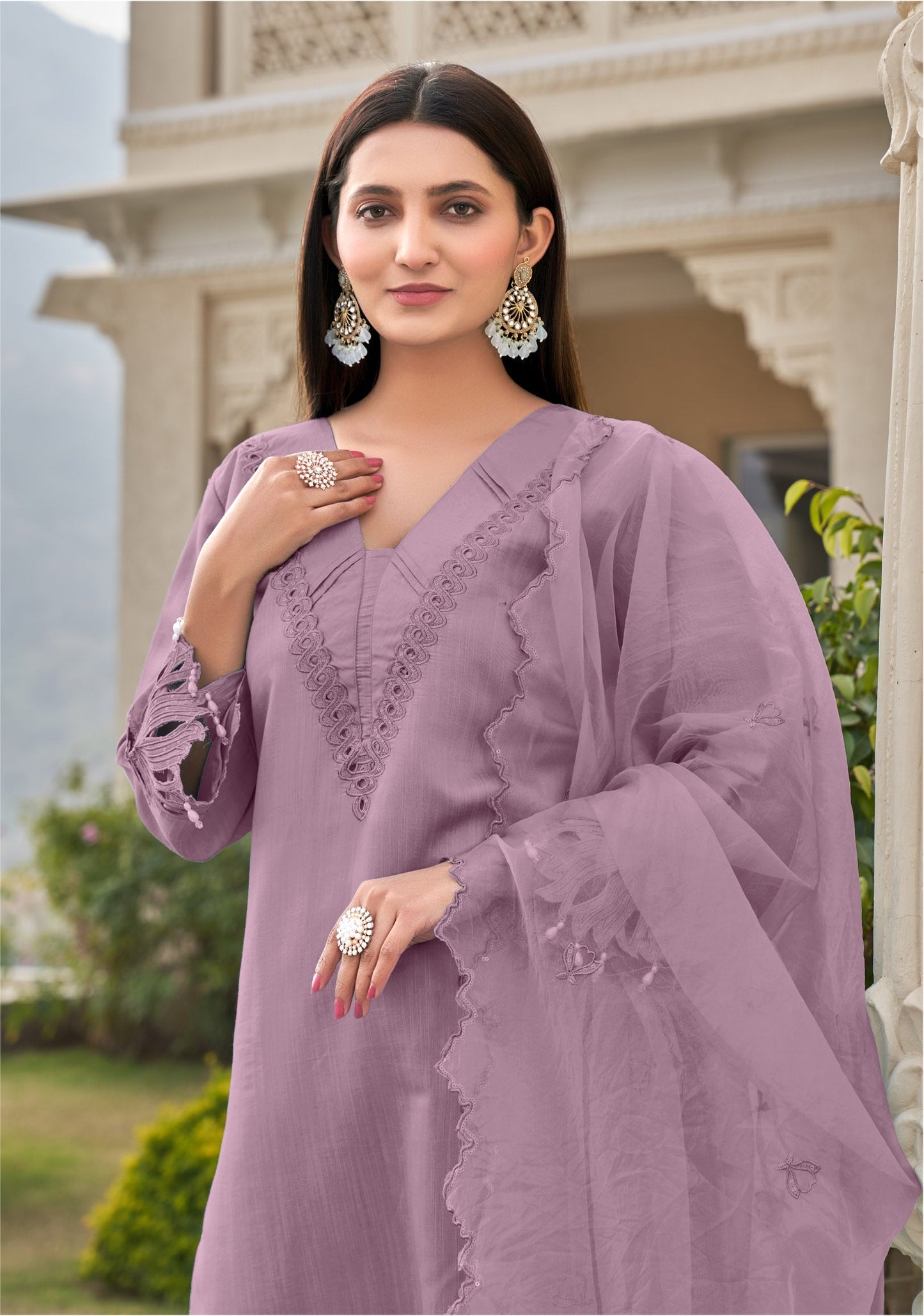 Mountbatten Pink Khatli Cut Work Ragga Roman Silk Slub Suit Set with Organza Dupatta