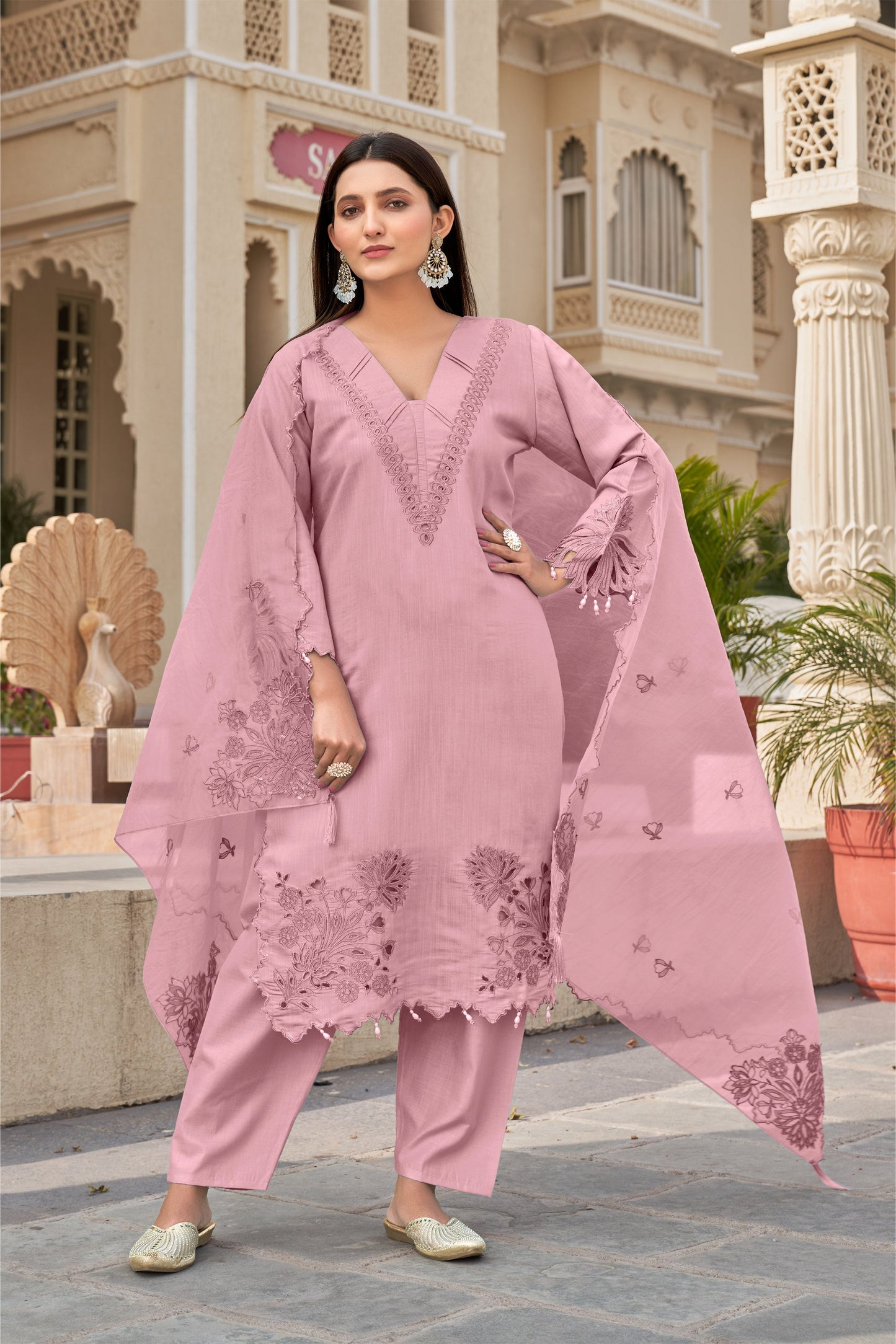 Faded Pink Khatli Cut Work Ragga Roman Silk Slub Suit Set with Organza Dupatta