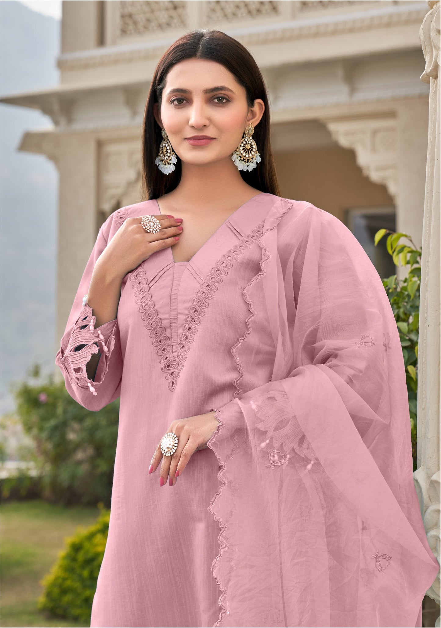 Faded Pink Khatli Cut Work Ragga Roman Silk Slub Suit Set with Organza Dupatta