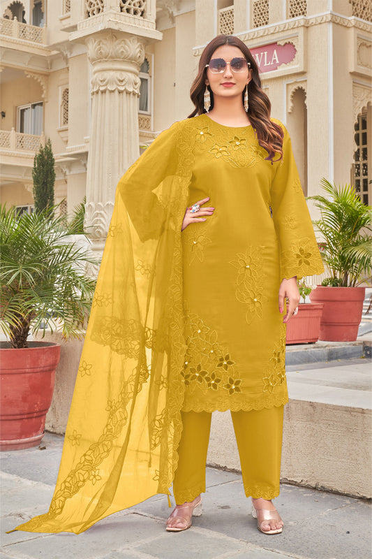 Yellow Khatli Cut Work Ragga Roman Silk Suit Set with Organza Dupatta