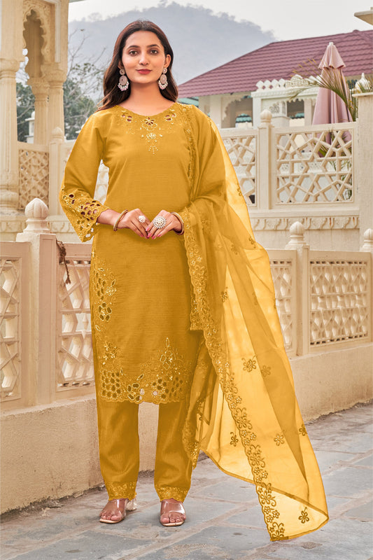 Yellow Khatli Cut Work Ragga Roman Silk Suit Set with Organza Dupatta