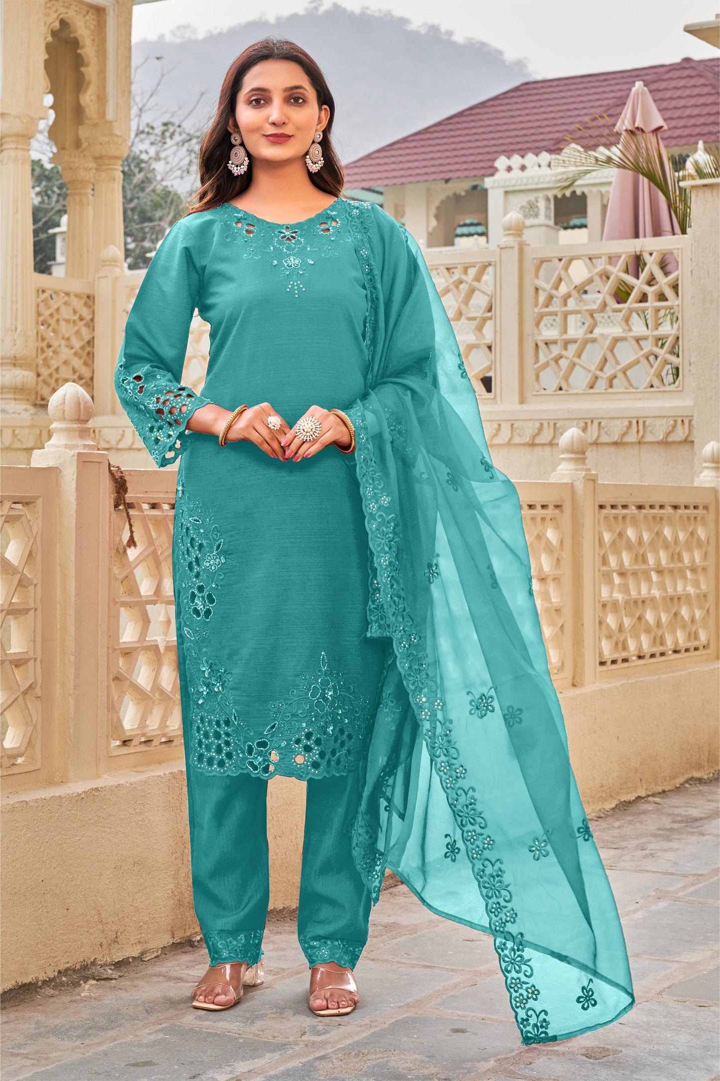 Light Sea Green Khatli Cut Work Ragga Roman Silk Suit Set with Organza Dupatta