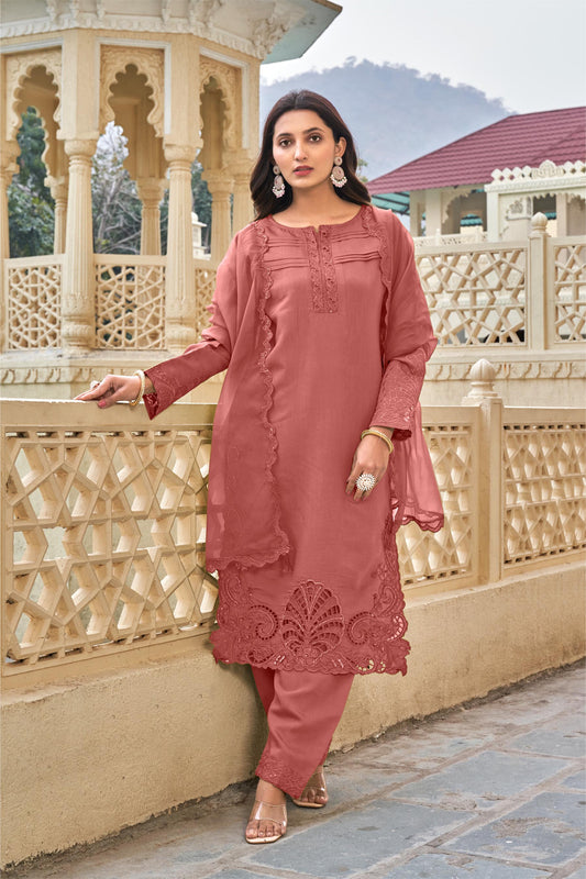 Pinkish Brown Ragga Roman Silk Slub Khatli Cut work Suit Set with Organza Dupatta