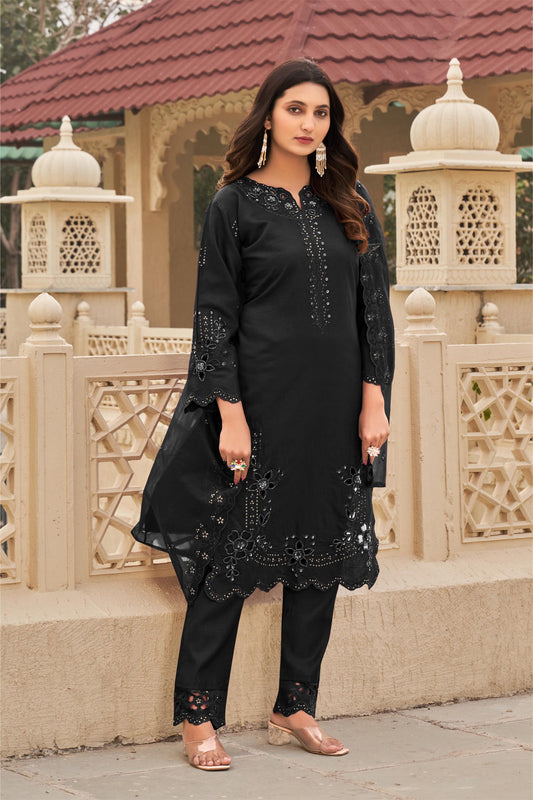 Black Ragga Roman Silk Slub Khatli Cut work Suit Set with Organza Dupatta