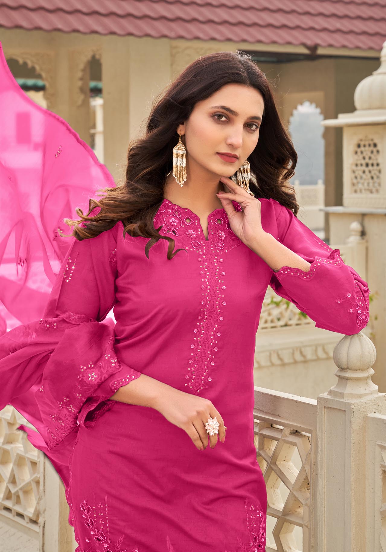 Pink Ragga Roman Silk Slub Khatli Cut work Suit Set with Organza Dupatta