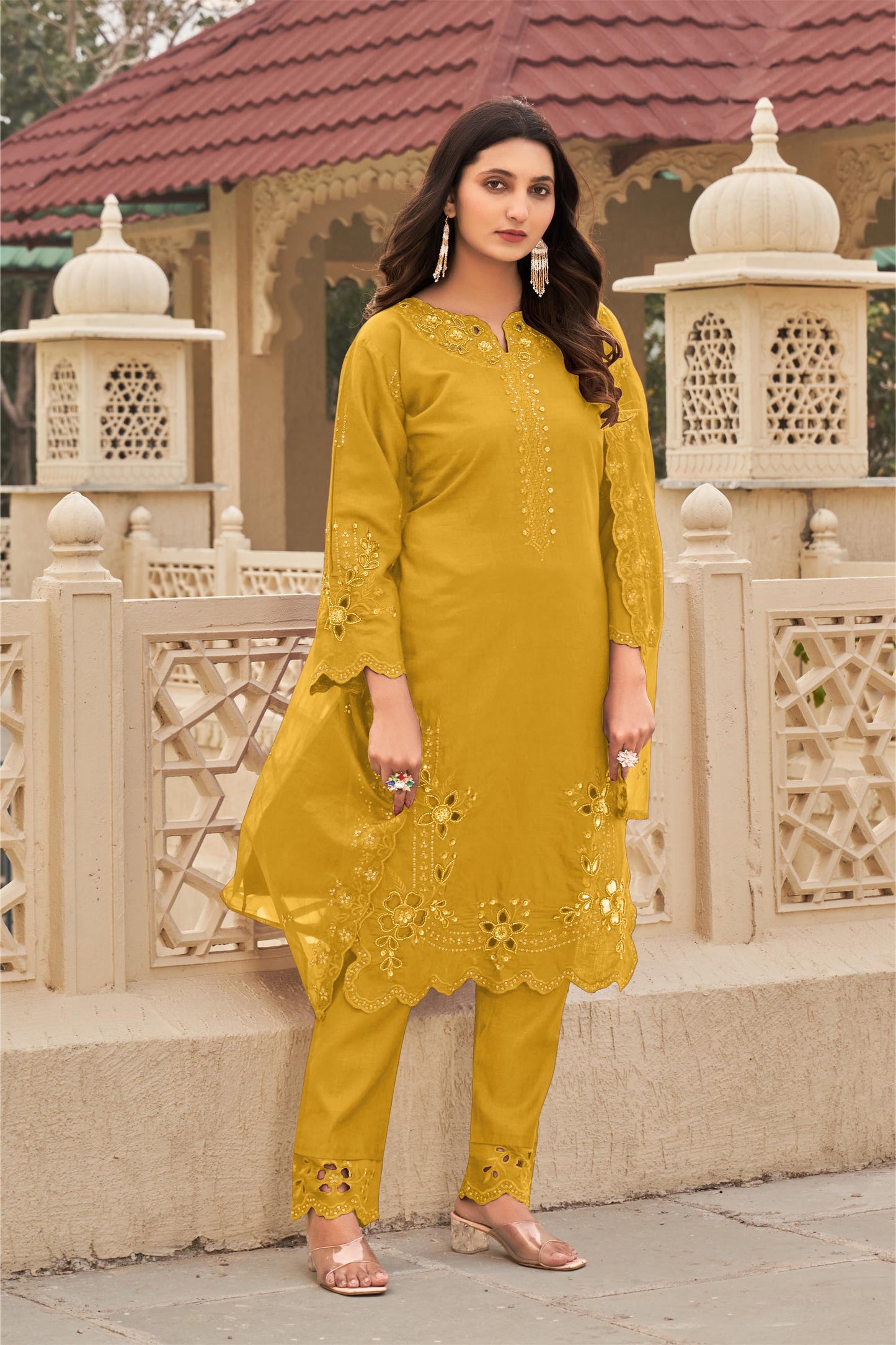 Fuel Yellow Ragga Roman Silk Slub Khatli Cut work Suit Set with Organza Dupatta