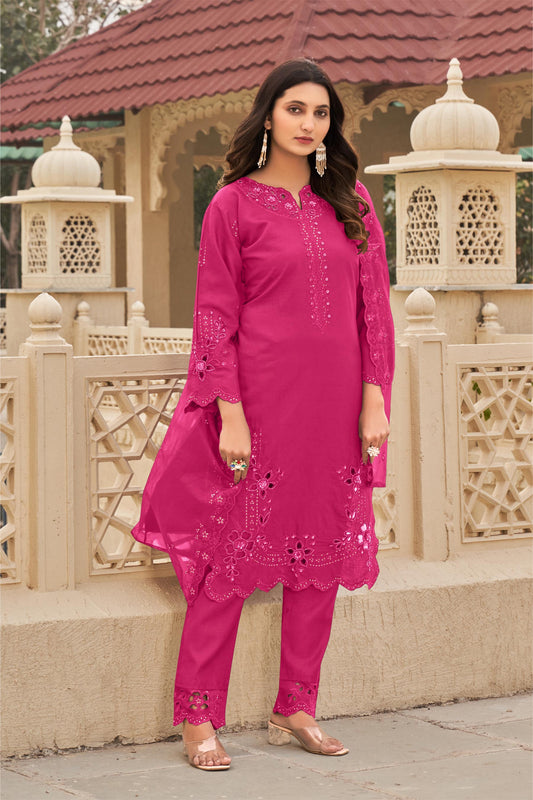 Pink Ragga Roman Silk Slub Khatli Cut work Suit Set with Organza Dupatta