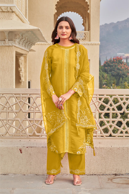 Bee Yellow Ragga Roman Silk Slub Khatli Cut work Suit Set with Organza Dupatta