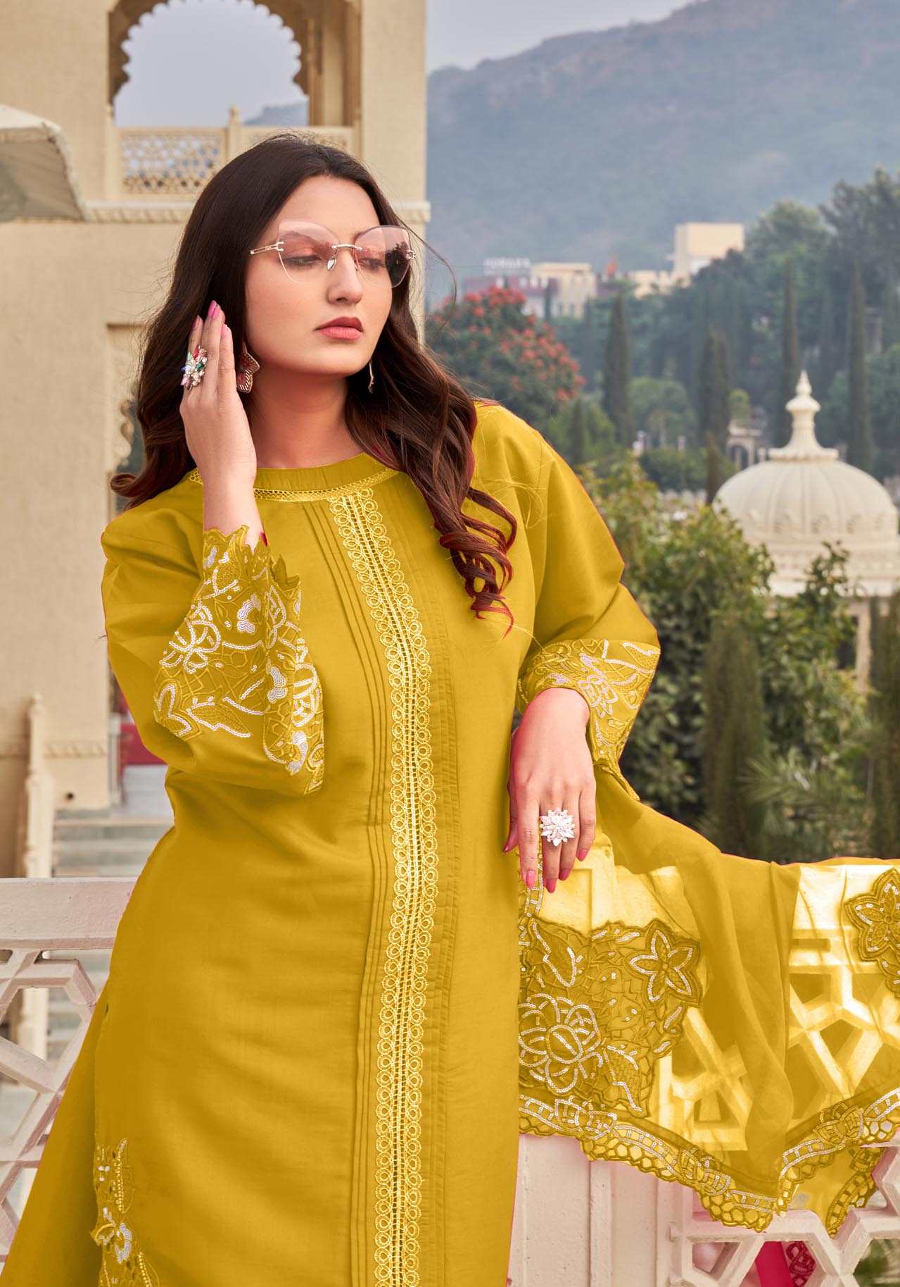 Bee Yellow Ragga Roman Silk Slub Khatli Cut work Suit Set with Organza Dupatta