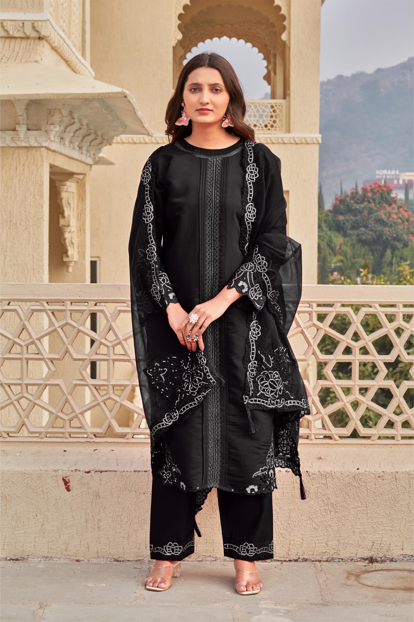 Black Ragga Roman Silk Slub Khatli Cut work Suit Set with Organza Dupatta