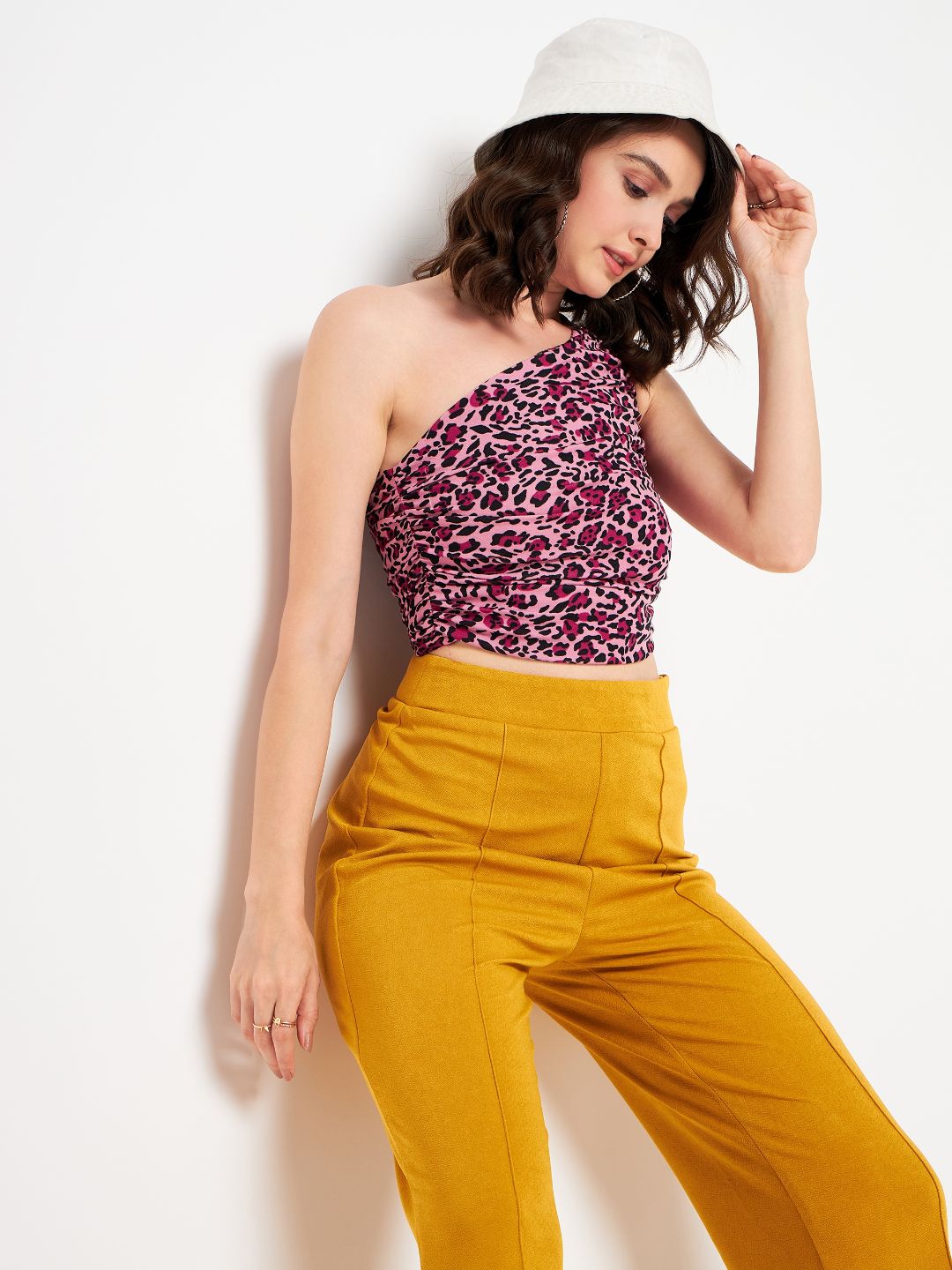 Printed Stretchable One Shoulder Top with Gathered Sides