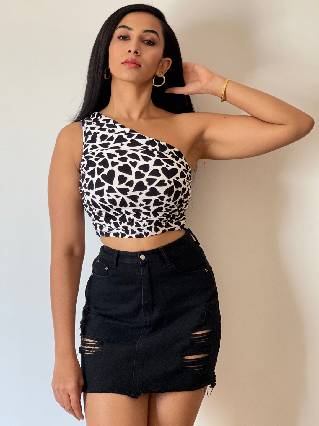 Printed Stretchable One Shoulder Top with Gathered Sides