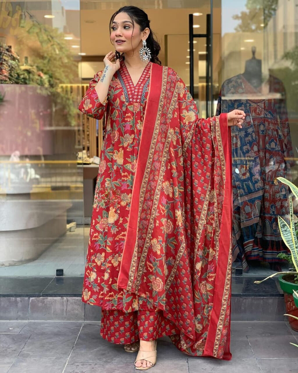 Reddish Floral Printed Cotton Suit Set with Mulmul Dupatta