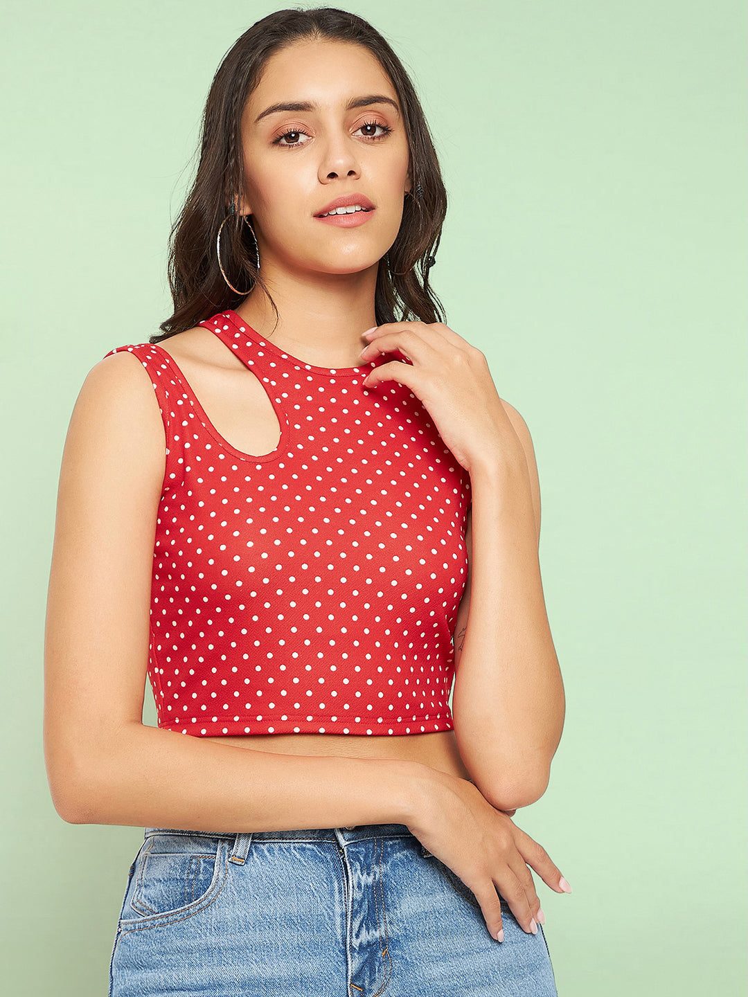 Printed Cotton Stretchable Shoulder Cutout Crop Top