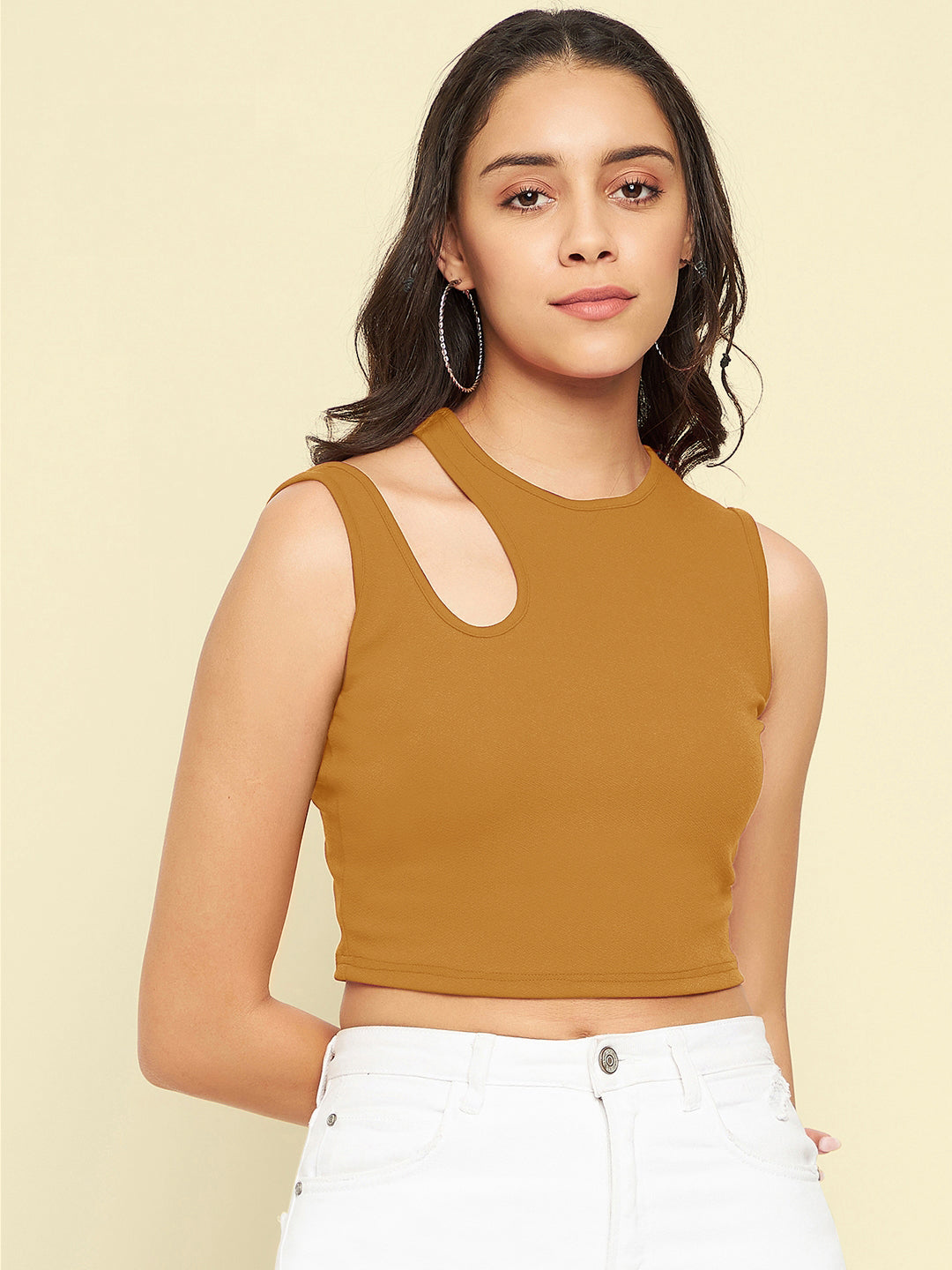 Cotton Stretchable Shoulder Cutout Crop Top