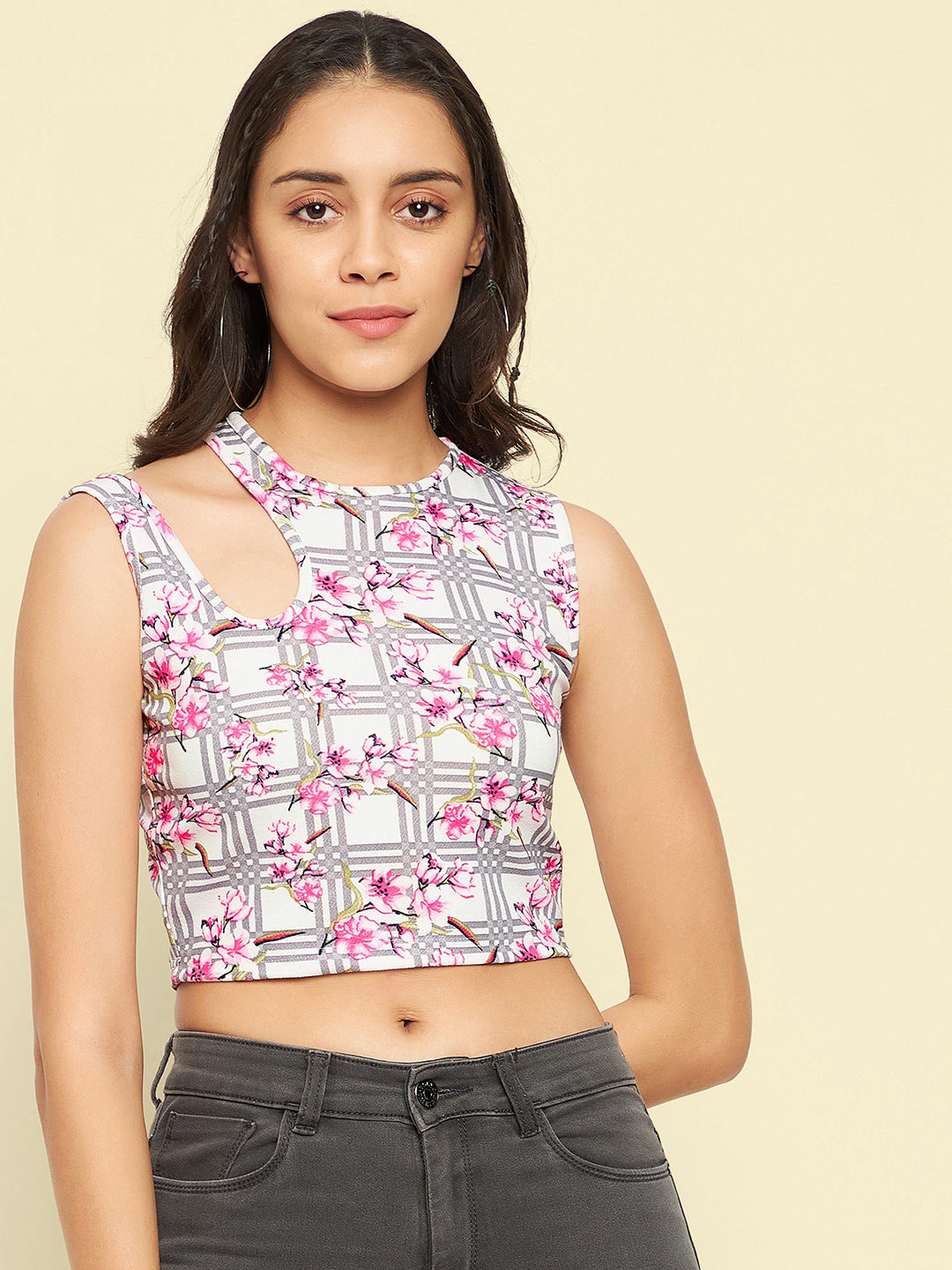 Printed Cotton Stretchable Shoulder Cutout Crop Top