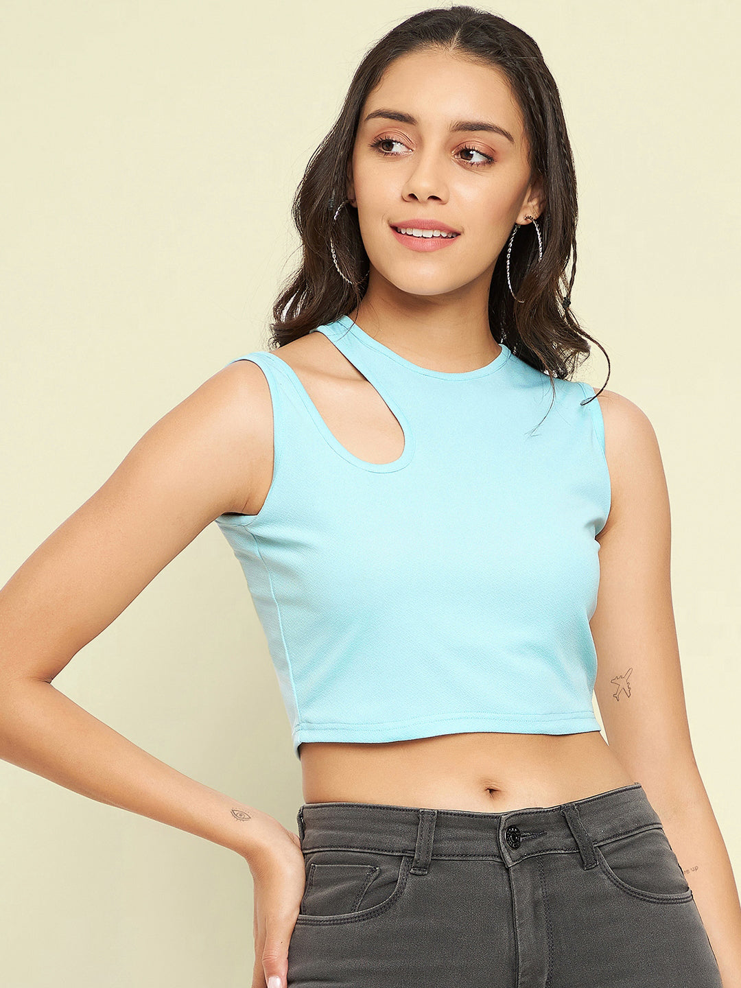 Cotton Stretchable Shoulder Cutout Crop Top