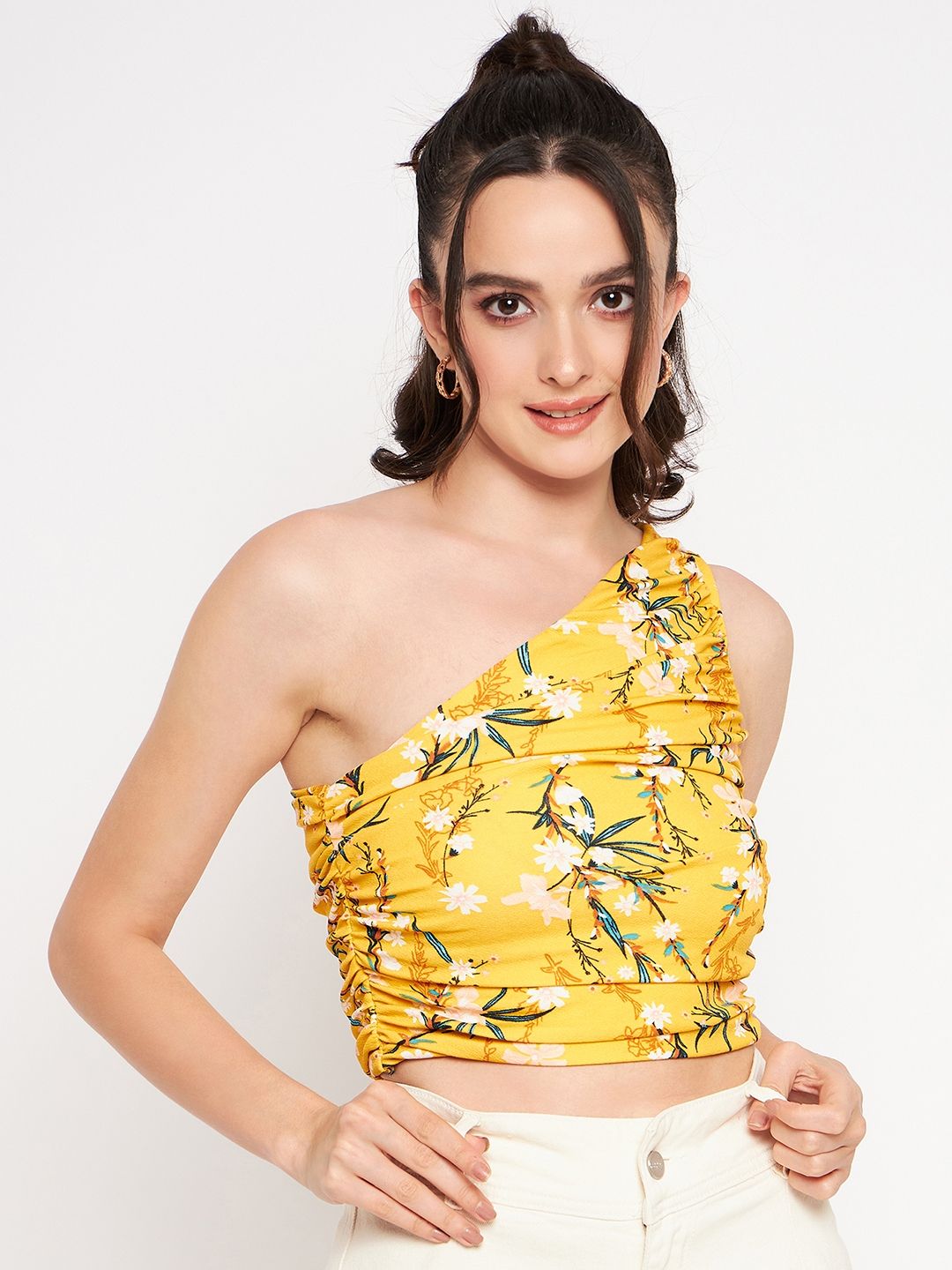 Printed Stretchable One Shoulder Top with Gathered Sides