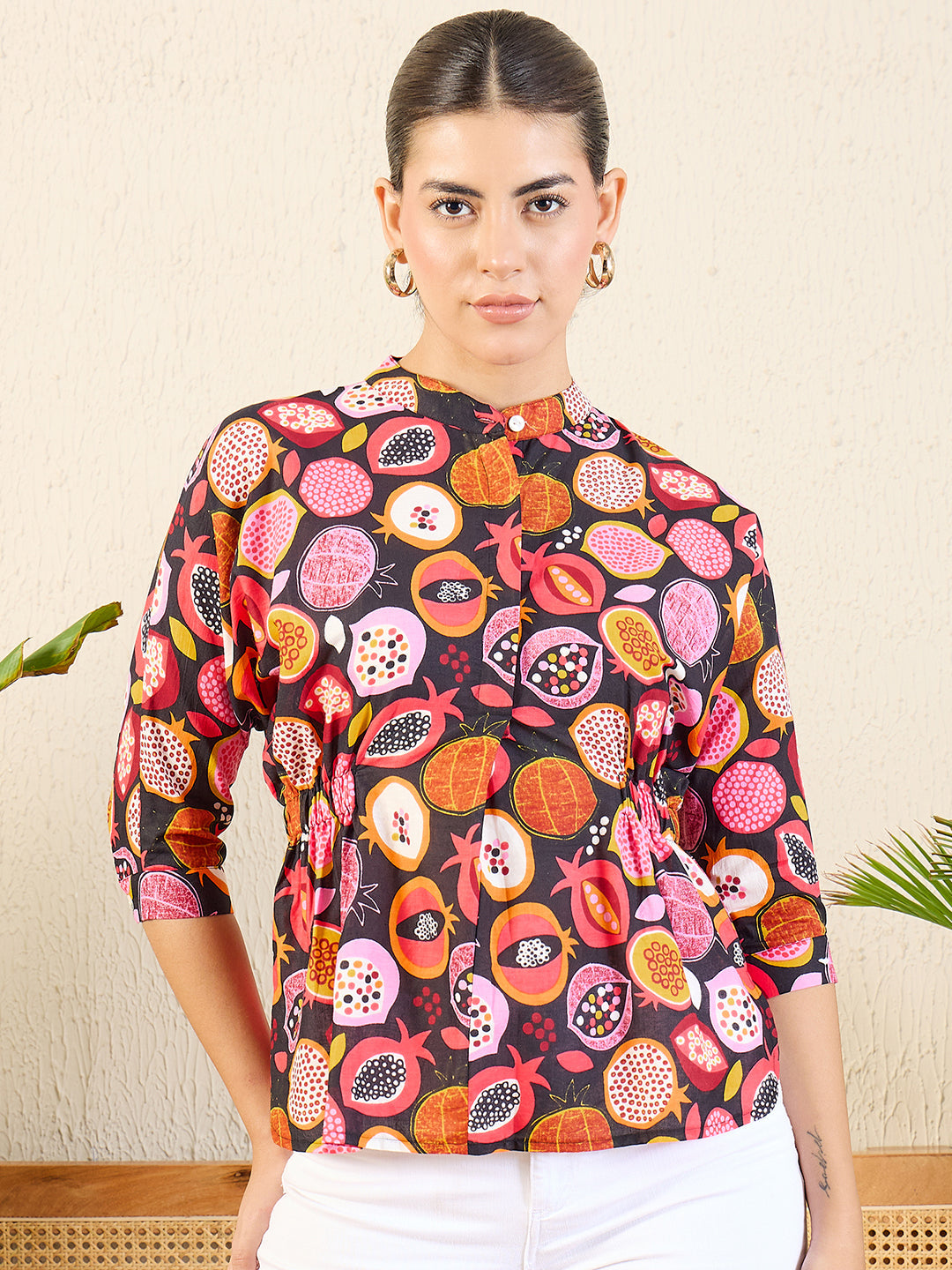 Printed Cotton Mock Neck Shirt