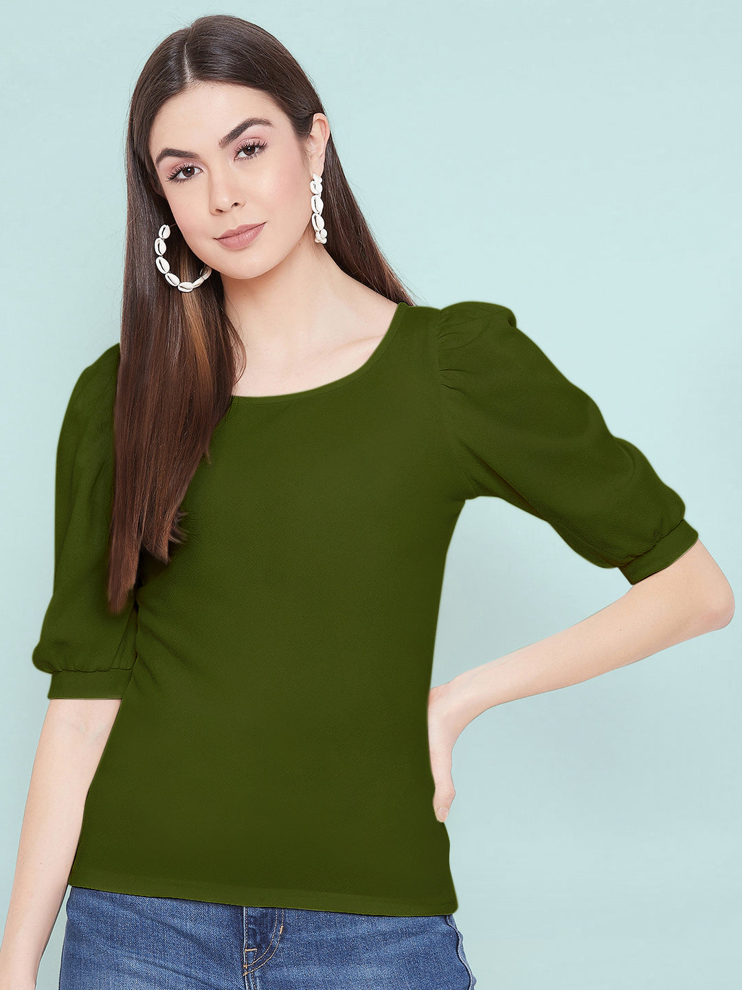 Cotton Solid Stretchable Round Neck Puff Sleeve Top