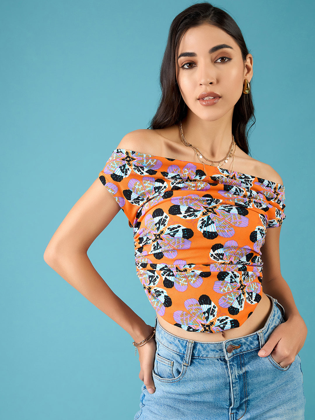 Printed Cotton Stretchable Draped Crop Top