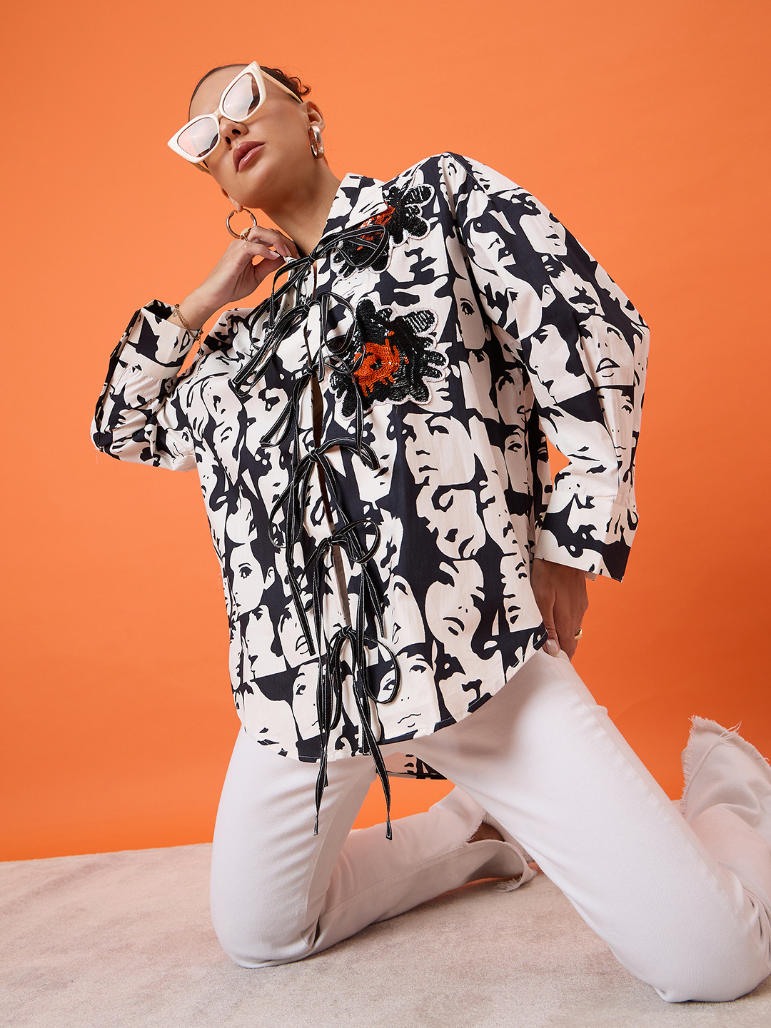 Printed Tie-Up Full Sleeve Sequinned Cotton Shirt