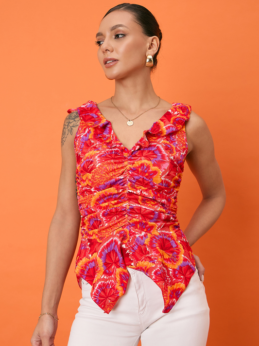 Printed Sleeveless Stretchable Ruffled Top