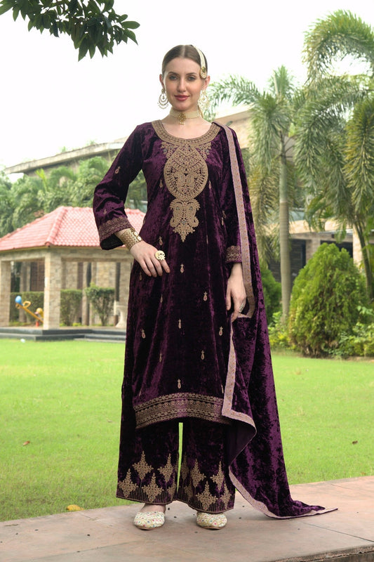 Grape Purple Designer Velvet Pakistani Suit Set