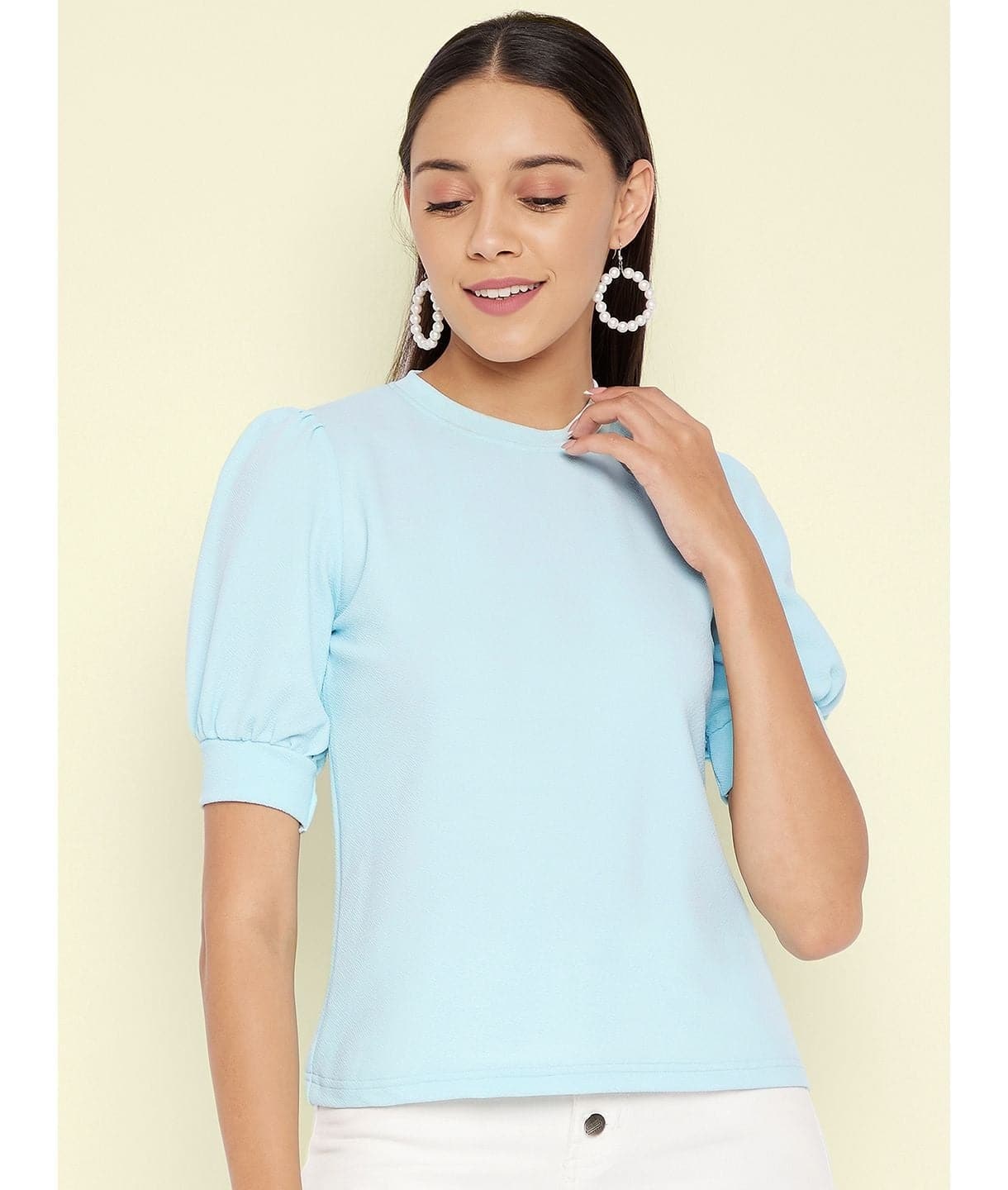 Cotton Solid Stretchable High Neck Puff Sleeve Top