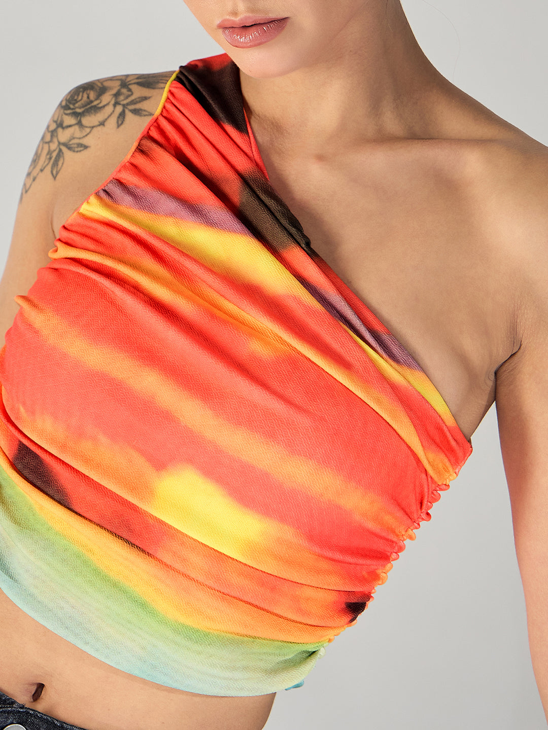 Printed Stretchable One Shoulder Top with Gathered Sides