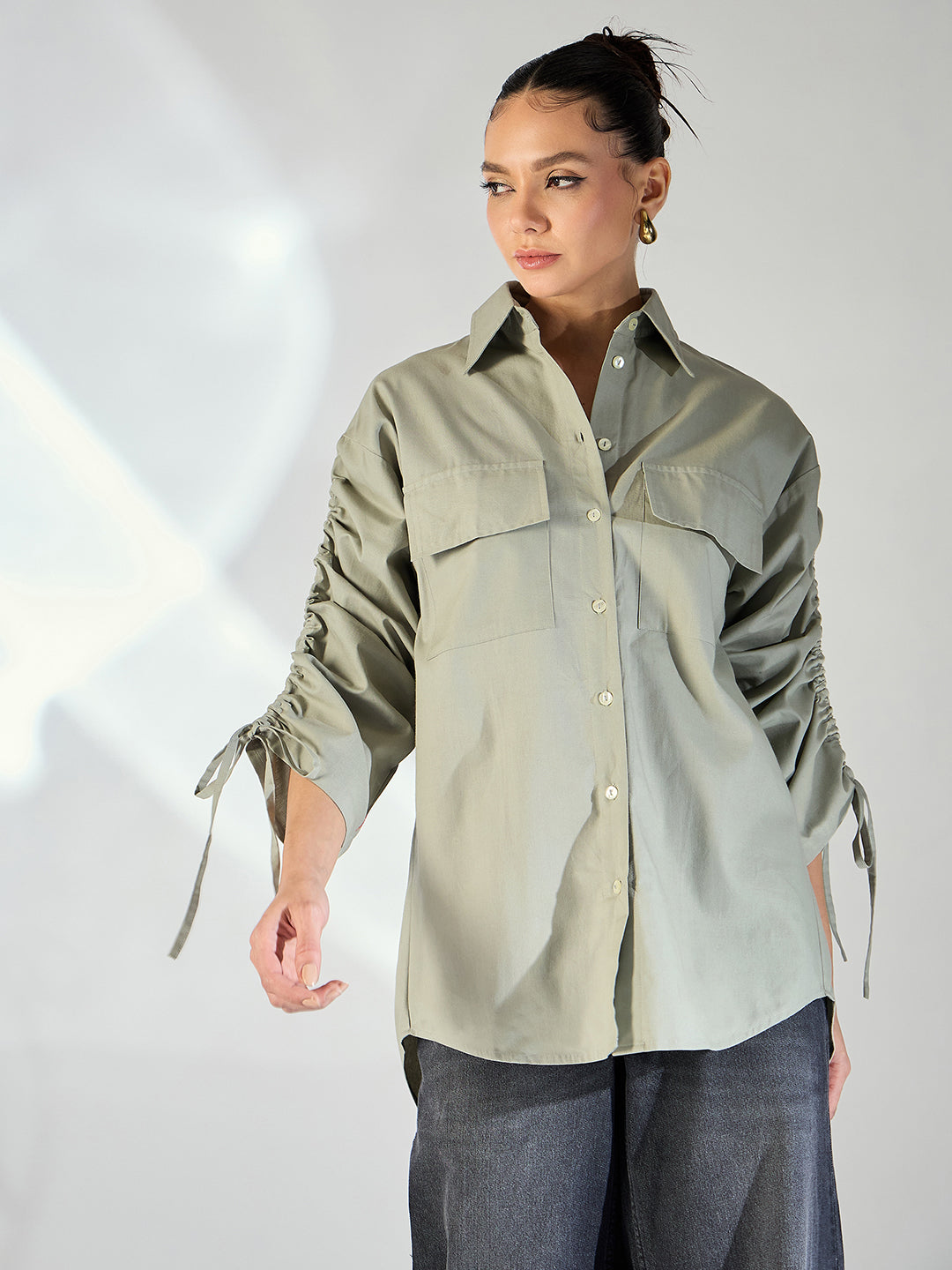 Ruched Tie-up Sleeves Cotton Shirt