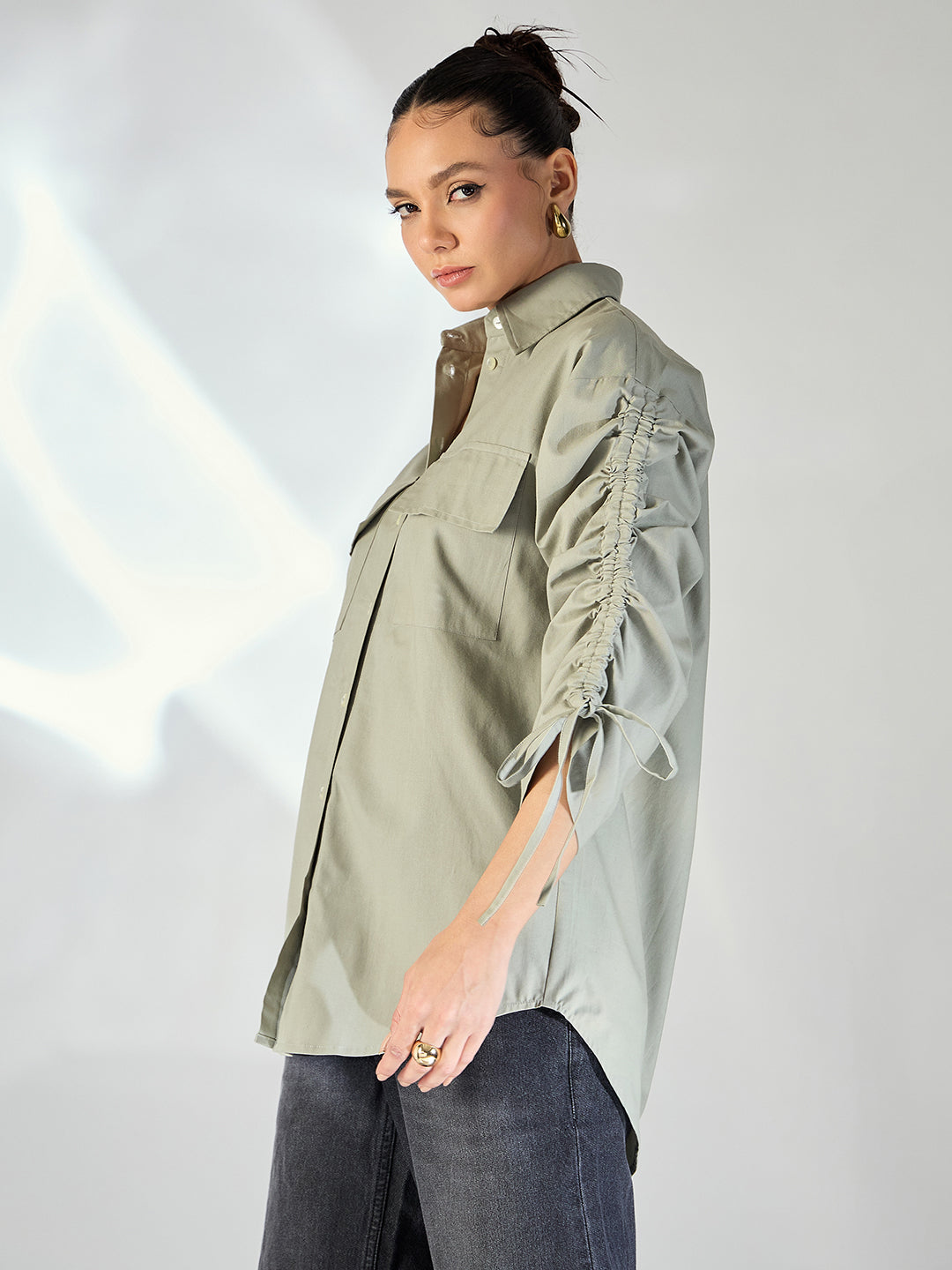 Ruched Tie-up Sleeves Cotton Shirt