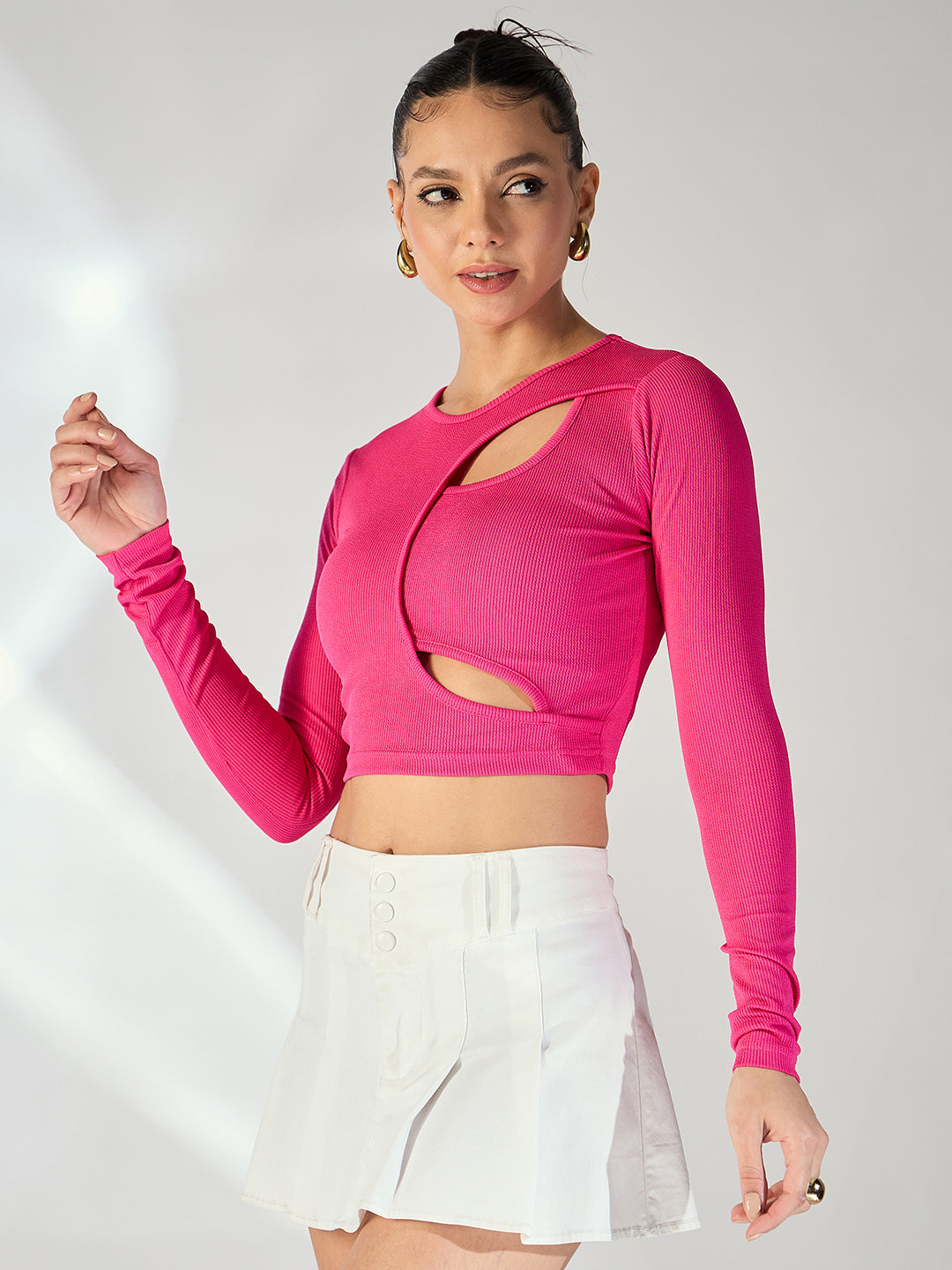 Stretchable Ribbed Top with Front Cut Outs