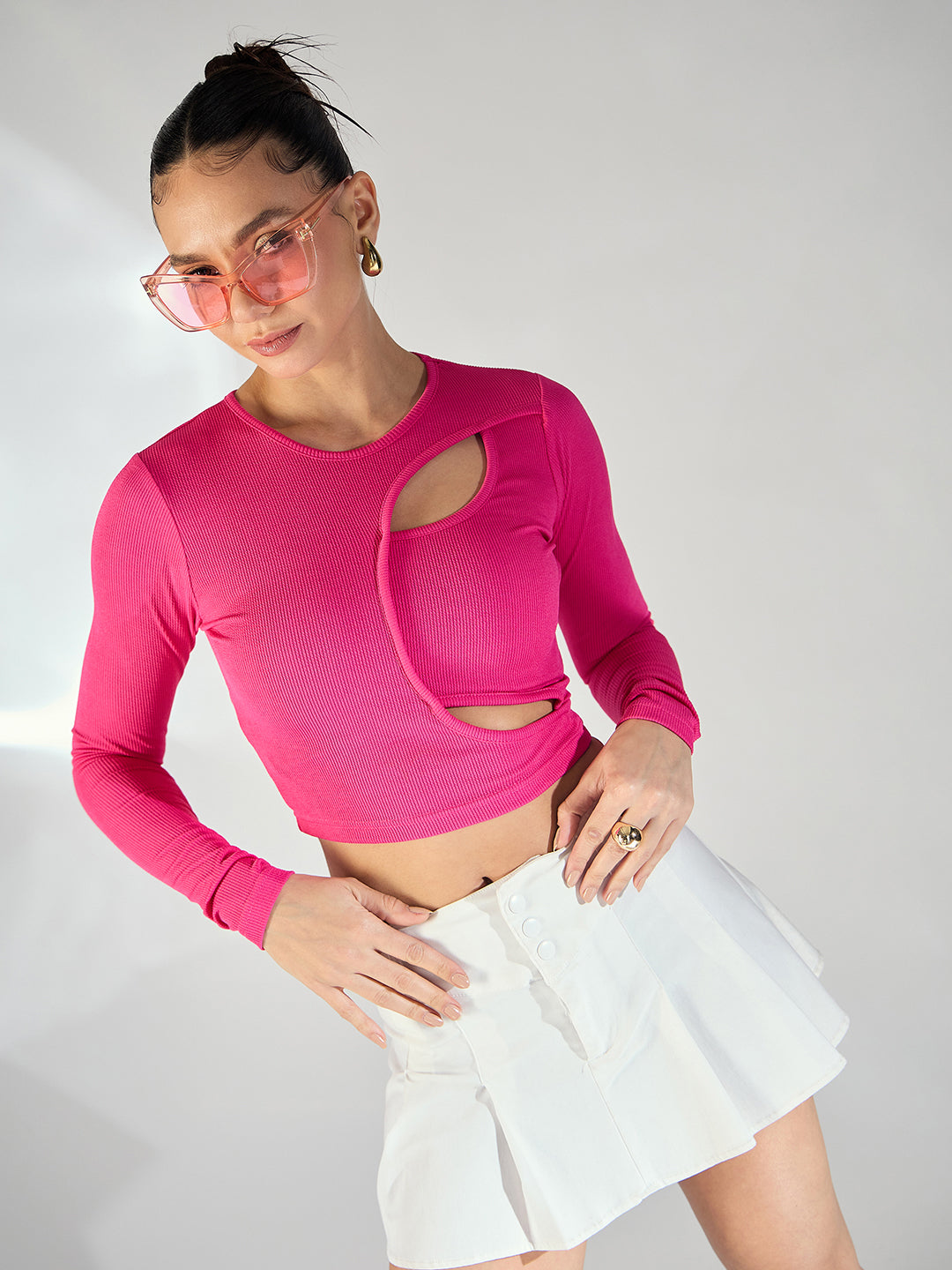 Stretchable Ribbed Top with Front Cut Outs