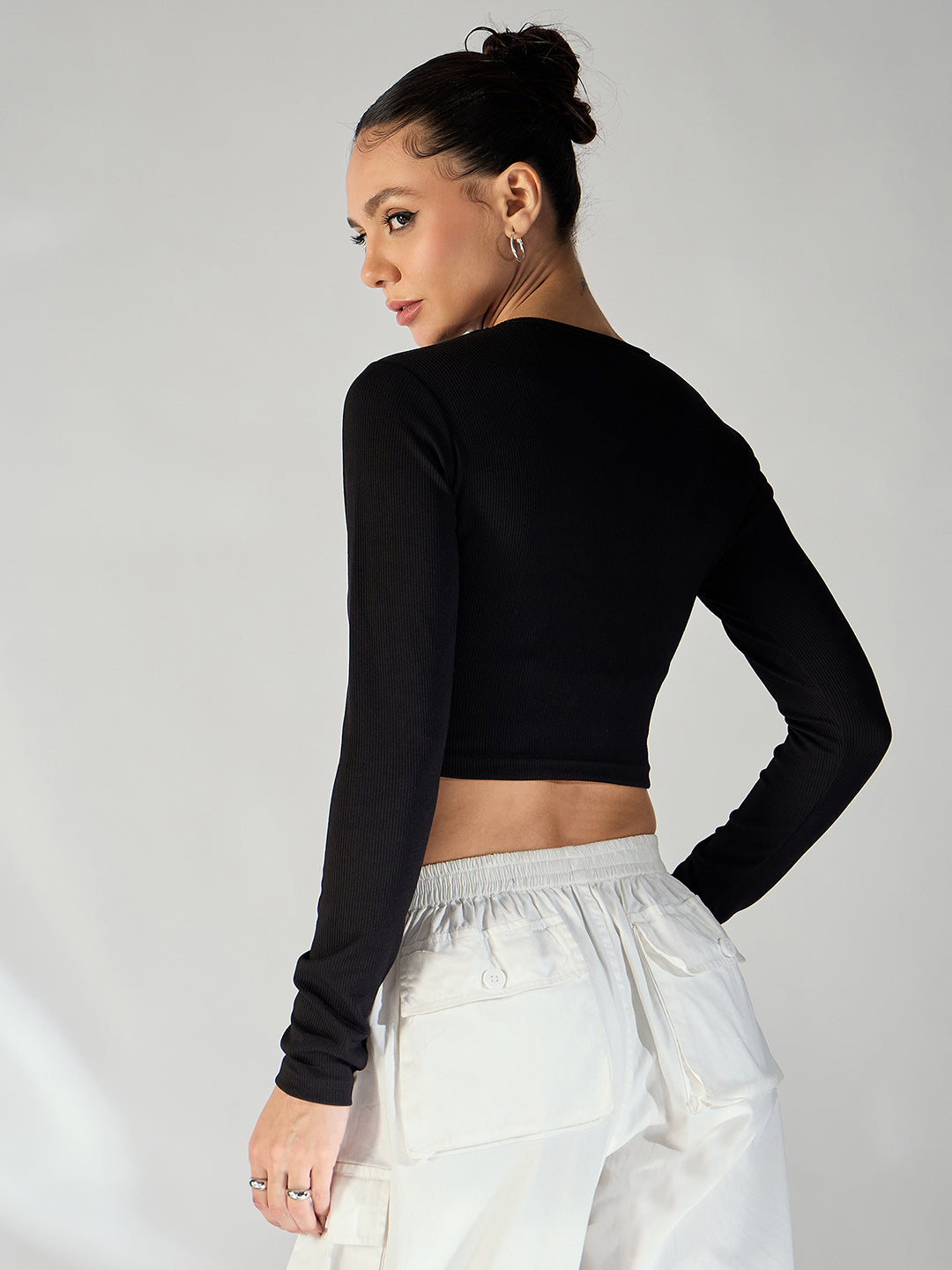 Stretchable Ribbed Top with Front Cut Outs