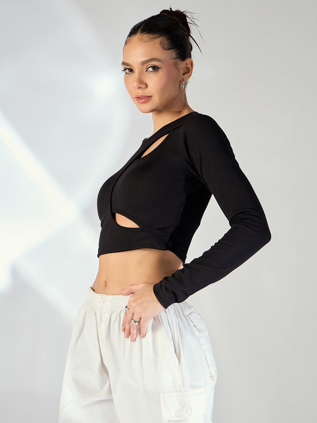 Stretchable Ribbed Top with Front Cut Outs