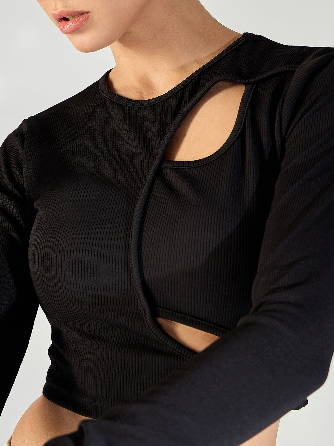 Stretchable Ribbed Top with Front Cut Outs