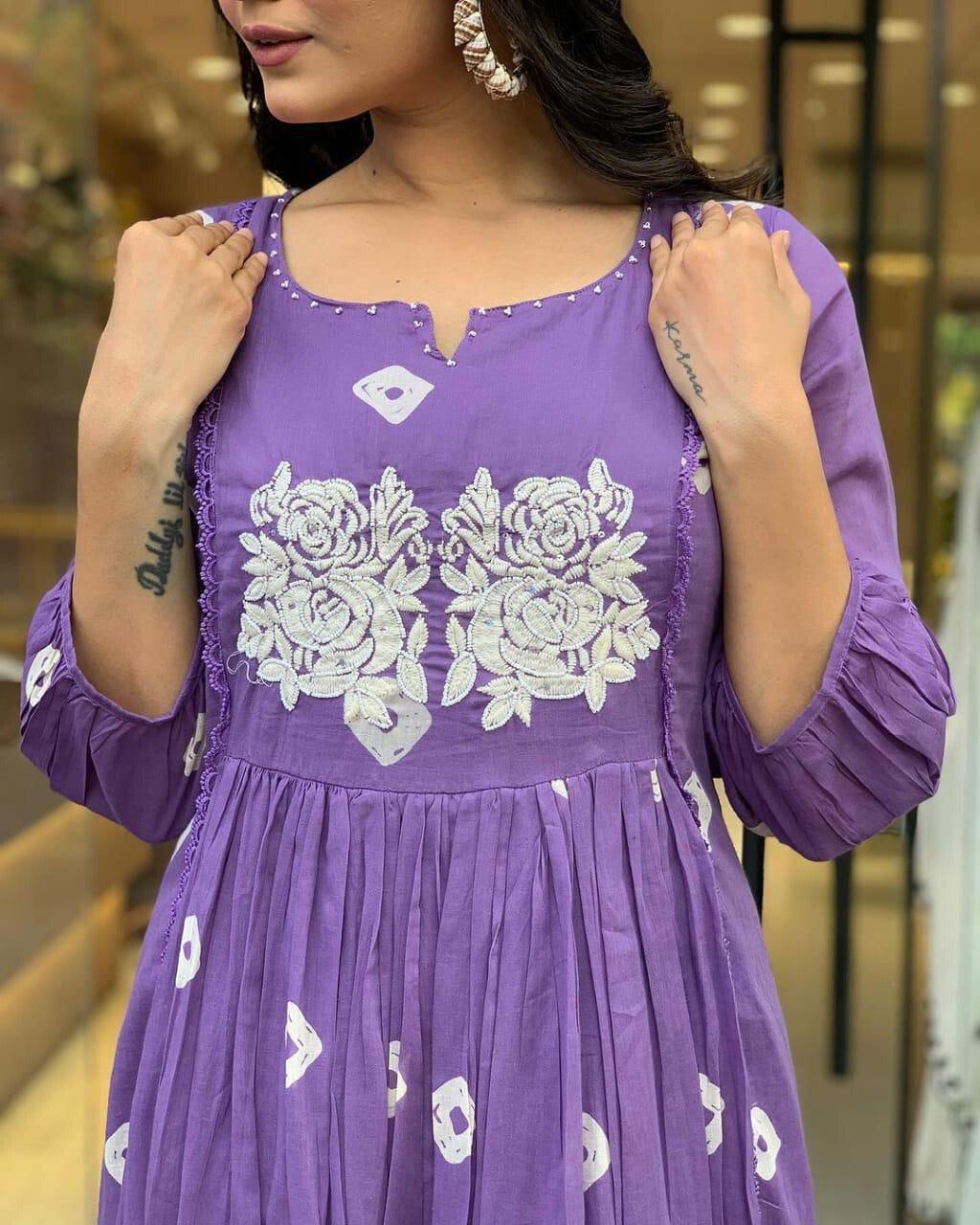 Purple Embroidered Cotton Anarkali Kurta and Pant Set