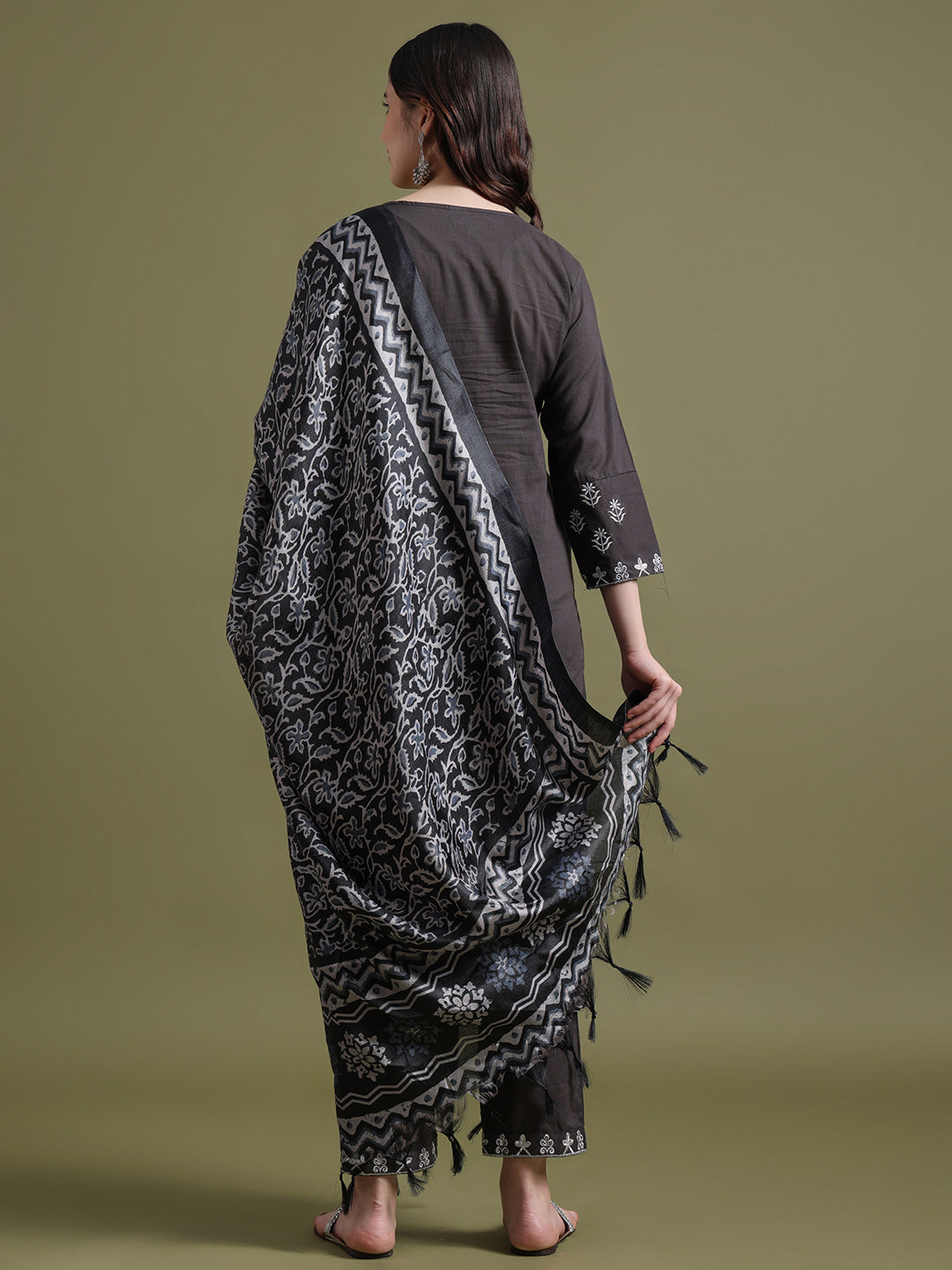 Dark Grey Embroidered Cotton Kurta and Pant Set with Dupatta