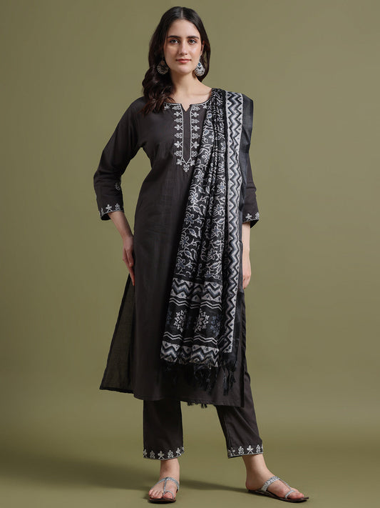 Dark Grey Embroidered Cotton Kurta and Pant Set with Dupatta