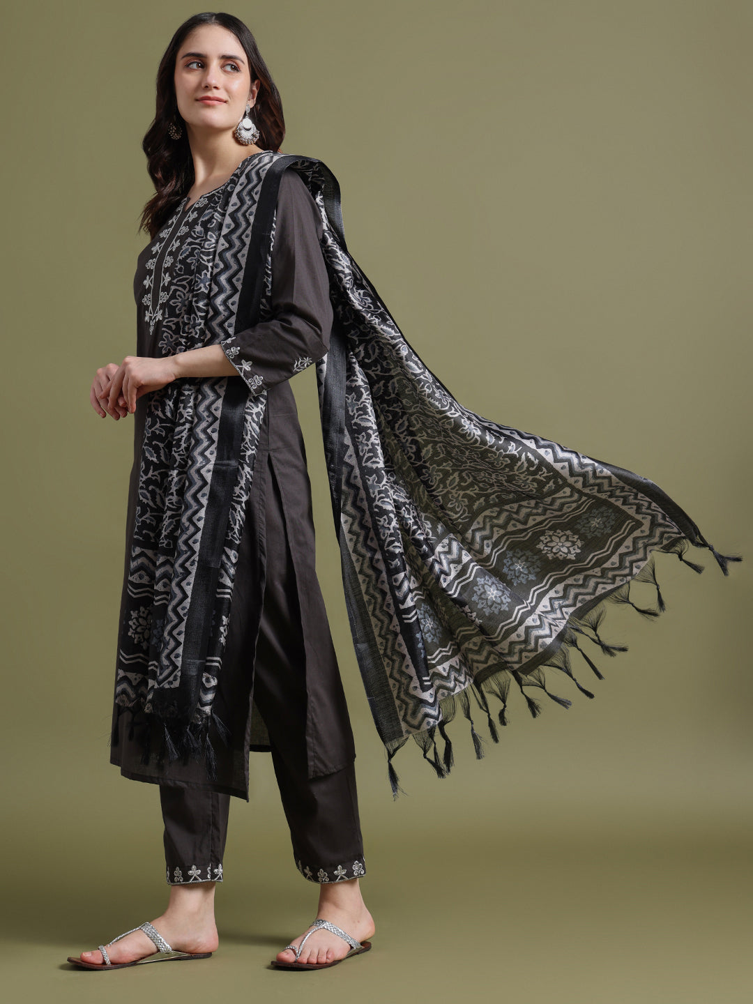 Dark Grey Embroidered Cotton Kurta and Pant Set with Dupatta